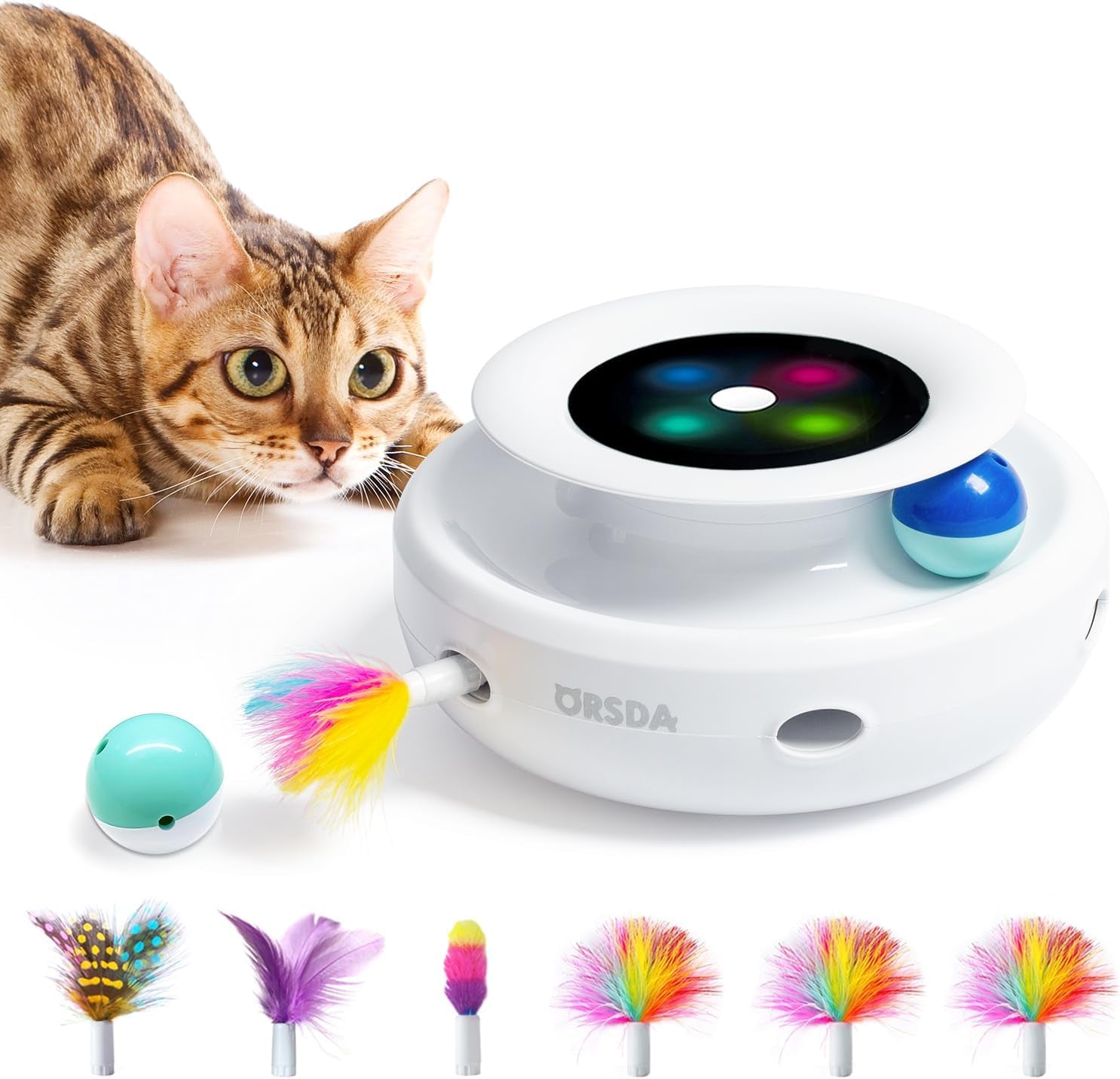Cat Toys 2-In-1 Interactive Cat Toys for Indoor Cats, Automatic Cat Toy Balls, Mice Toys Ambush Feather Kitten Toys with 7Pcs Attachments, Dual Power Supplies, Adjustable Speed, Auto On/Off