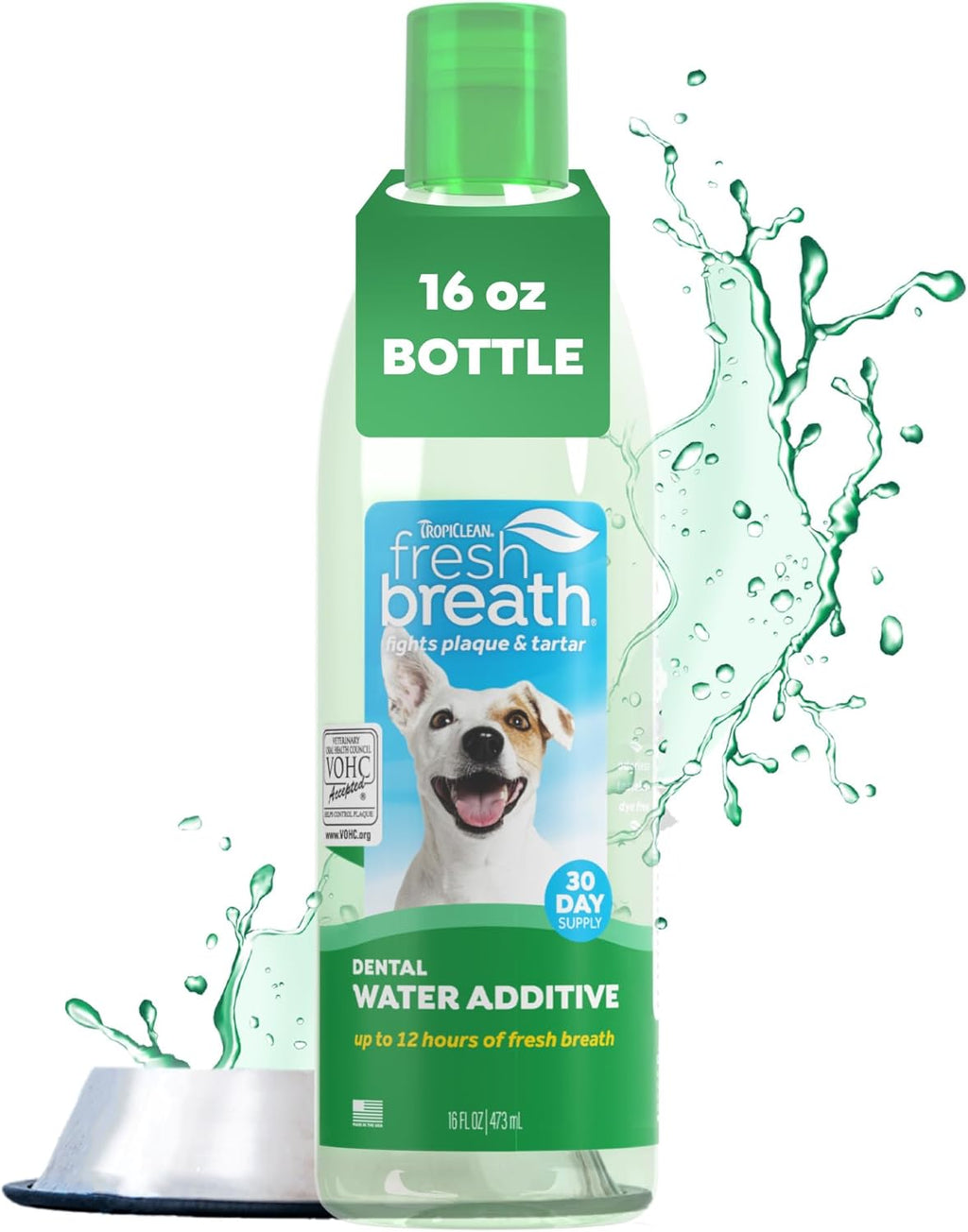 Fresh Breath Water Additive for Dogs, Dog Breath Freshener and Teeth Cleaning Solution, No Toothpaste or Toothbrush Required, 16Oz.