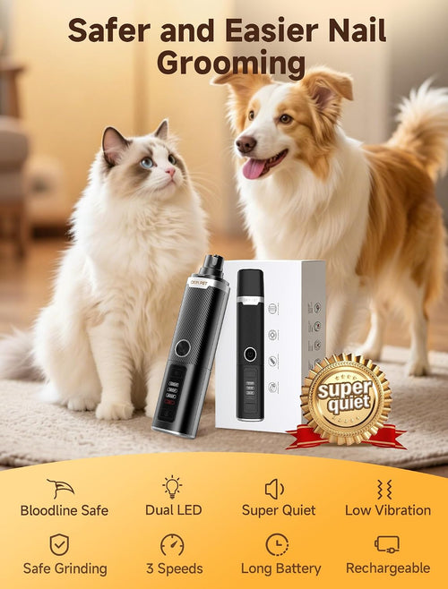 Dog Nail Grinder, Quiet Electric Dog Nail Trimmer with 2 LED Lights, 3-Speed Pet Nail Grinder for Dogs & Cats, Rechargeable 2000Mah Nail Grinder for Small Medium Large Dogs with Light, Black