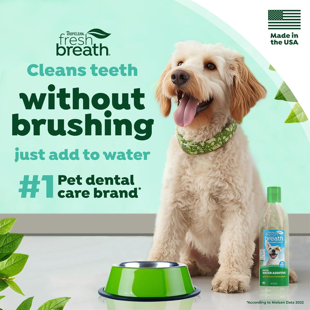Fresh Breath Water Additive for Dogs, Dog Breath Freshener and Teeth Cleaning Solution, No Toothpaste or Toothbrush Required, 16Oz.