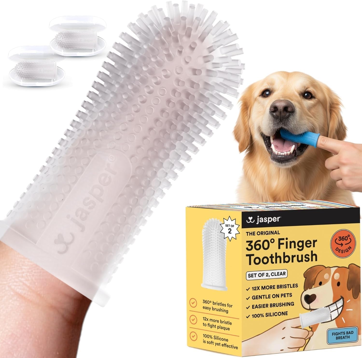 Dog Toothbrush, 360 Degree Pet Tooth Brushing Kit, Cat Toothbrush, Canine Dental Care & Teeth Cleaning Kit, Pet Finger Tooth Brush, Use with Dog Toothpaste, 2-Pack Pink
