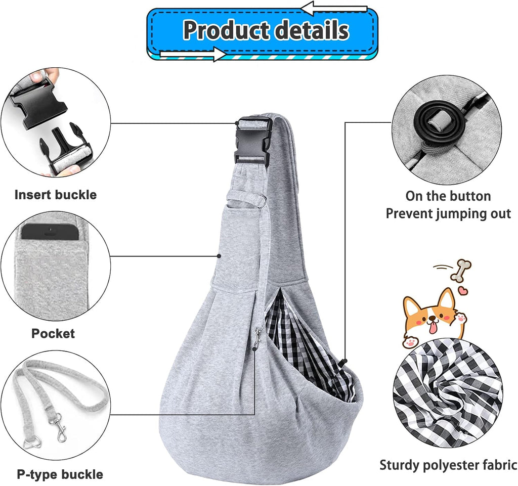 Dog and Cats Carrier Sling, Puppy Small Pet Carrier up to 16.5Lbs | Comfy Hard Bottom Support, Adjustable Padded Shoulder Strap, Hands-Free Dog Carrier Sling Bag for Outdoor Travel,Gray