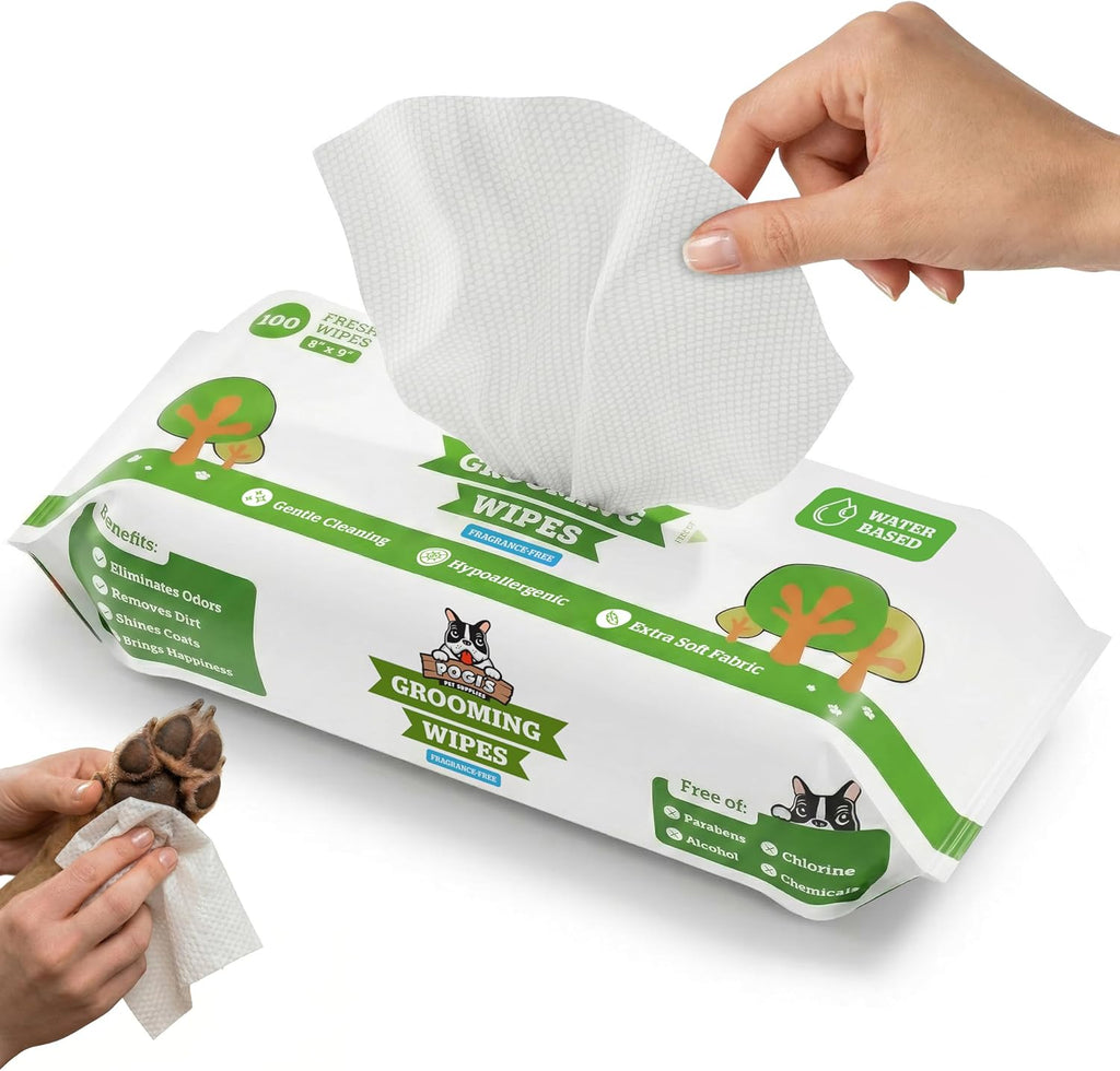Pogi’S Dog Grooming Wipes – Hypoallergenic Pet Wipes for Paws, Body & Butt – Cleaning & Hydrating, Fragrance Free, 100 Count