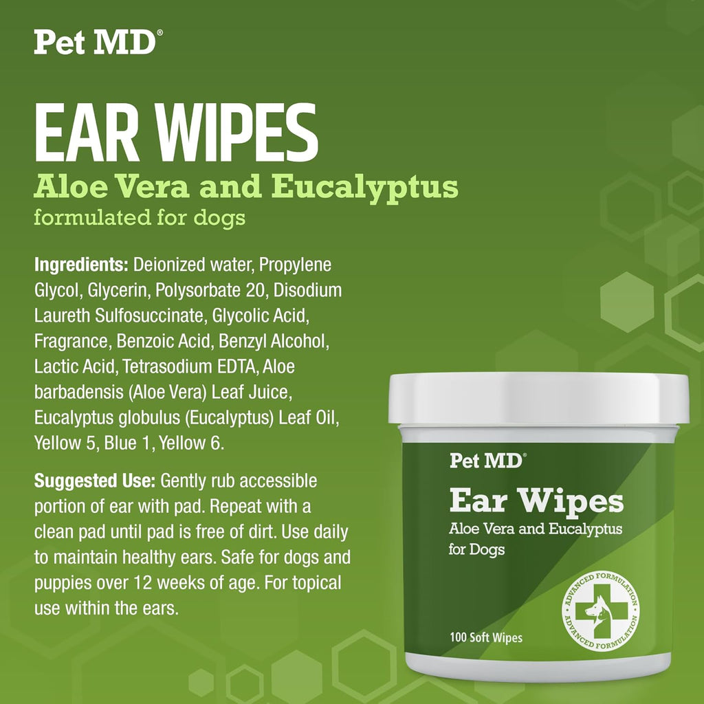 Dog Ear Cleaning Wipes – Otic Cleanser for Dogs - 100 Ct | Soothing Ear Care with Aloe Vera & Eucalyptus, Regular Wipes