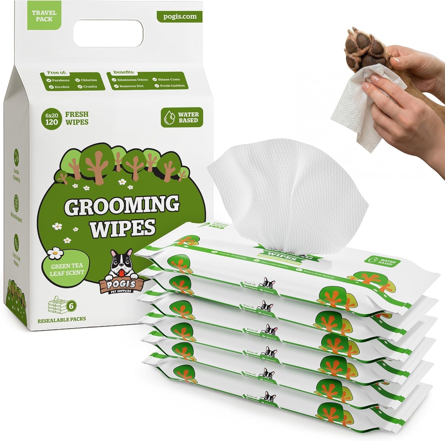 Pogi’S Dog Grooming Wipes – Hypoallergenic Pet Wipes for Paws, Body & Butt – Cleaning & Hydrating, Fragrance Free, 100 Count