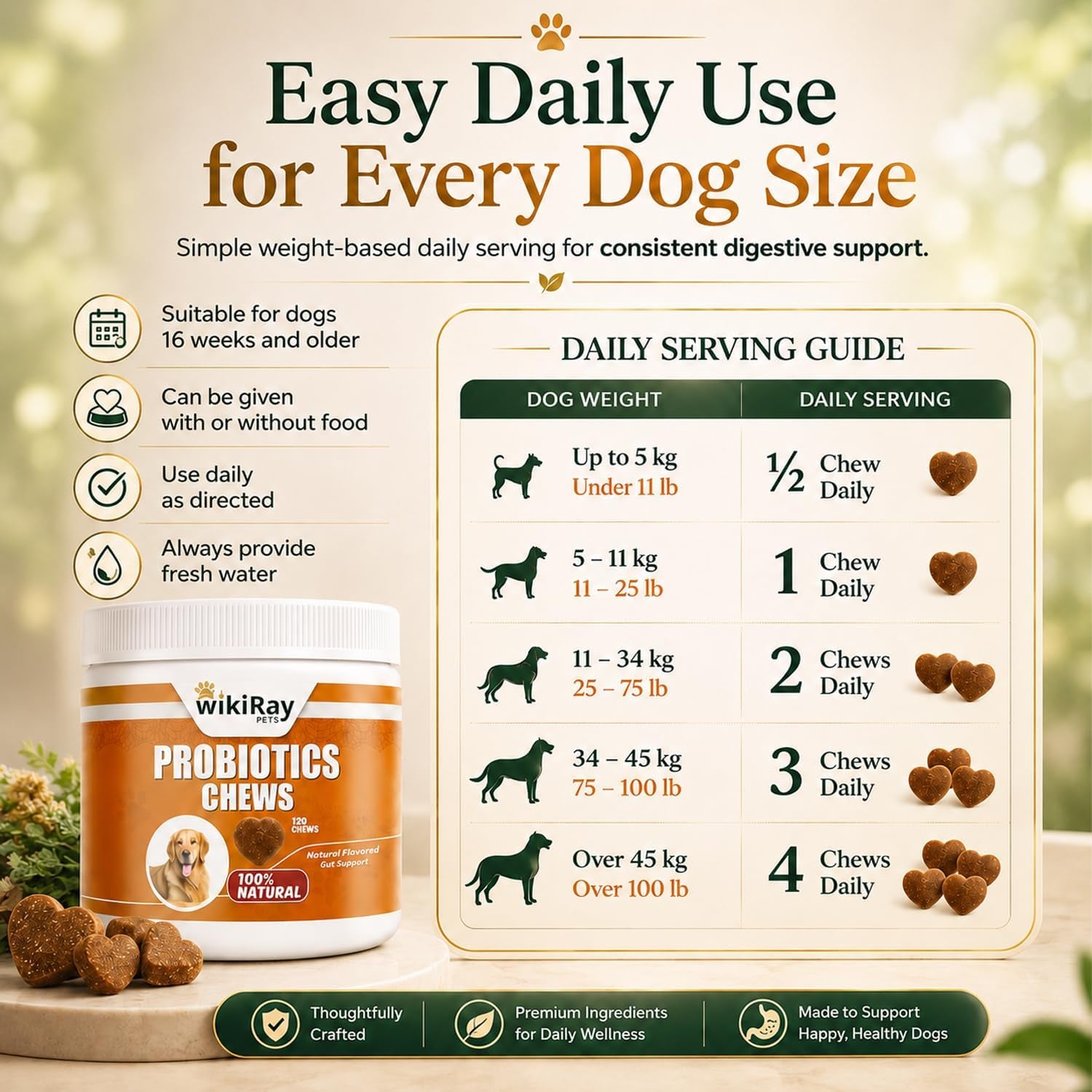 Wikiray Probiotics for Dogs – Soft Chews for Digestive Health & Immunity | 120 Chews | 3 Billion CFU, Pumpkin, Enzymes, Vitamins & Prebiotics | Made with Natural Ingredients