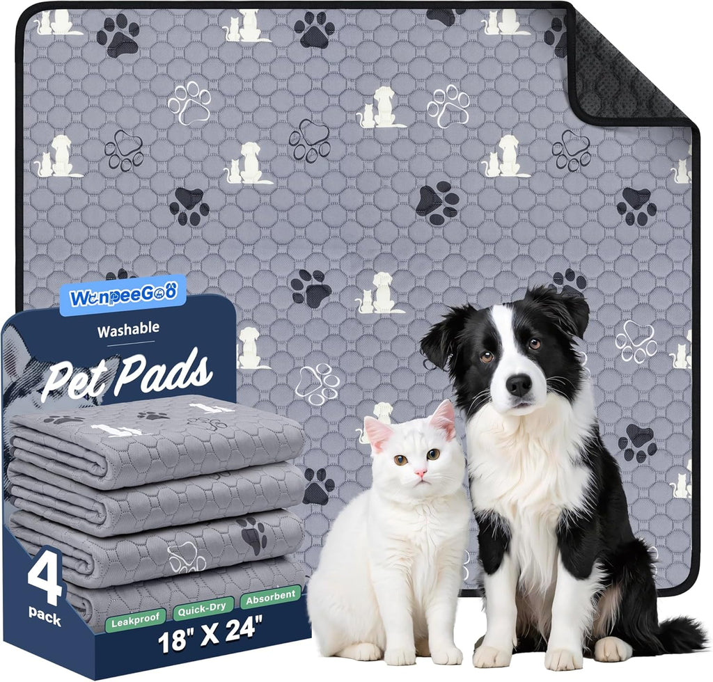 Washable Pee Pads for Dogs, Waterproof, 18 X 24 In, 4 Pack, Gray | Super Absorbent, Waterproof and Non-Slip; Washable, Reusable Dog Pads for Crates, Playpens, Floors, Furniture and Travel