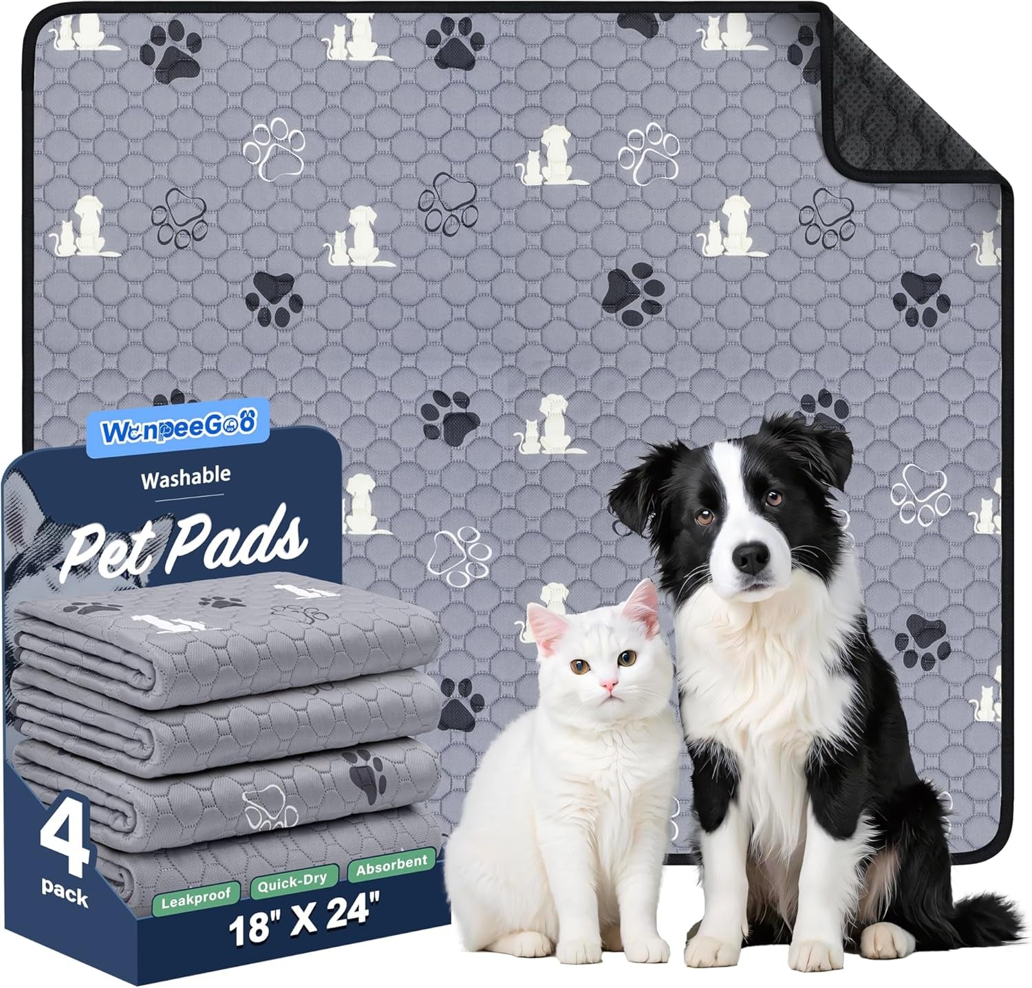 Washable Pee Pads for Dogs, Waterproof, 18 X 24 In, 4 Pack, Gray | Super Absorbent, Waterproof and Non-Slip; Washable, Reusable Dog Pads for Crates, Playpens, Floors, Furniture and Travel