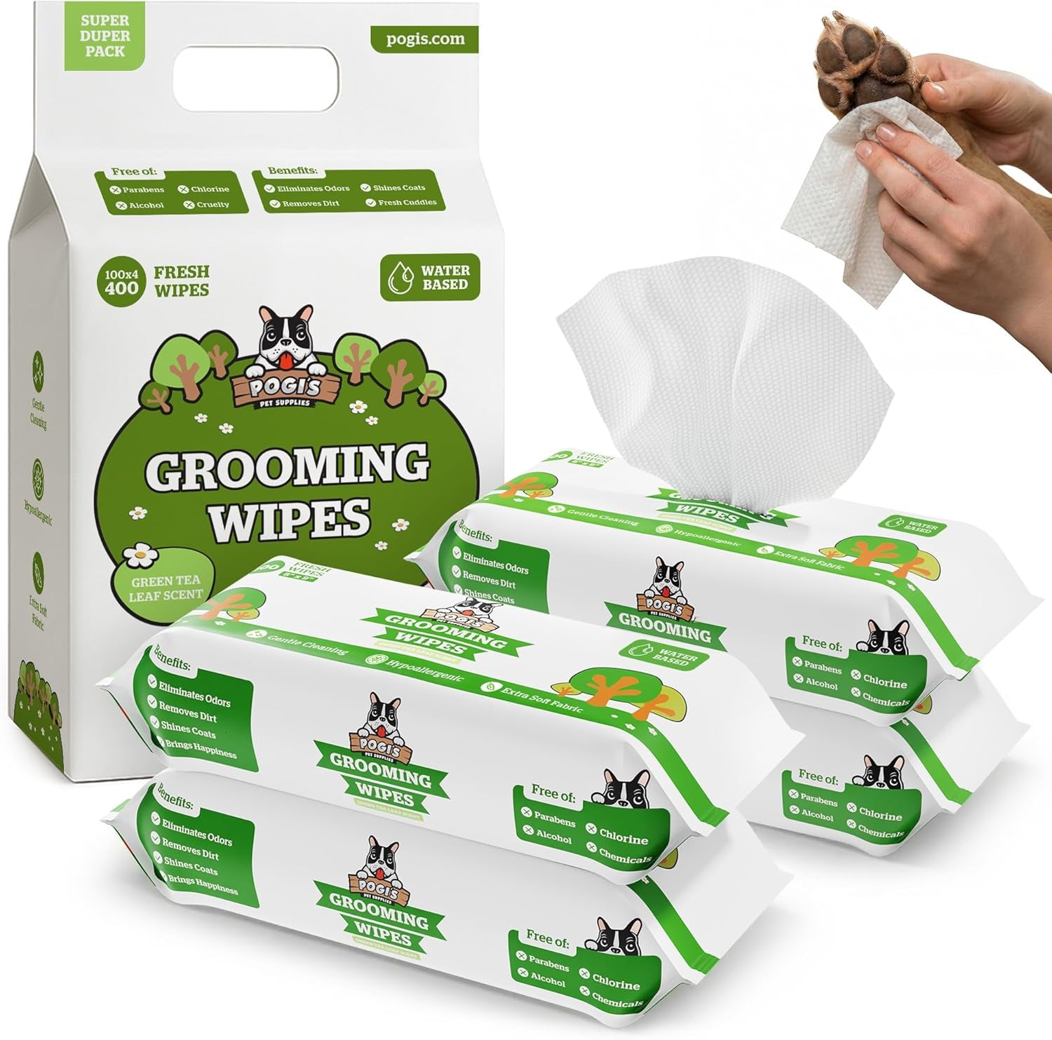 Pogi’S Dog Grooming Wipes – Hypoallergenic Pet Wipes for Paws, Body & Butt – Cleaning & Hydrating, Fragrance Free, 100 Count