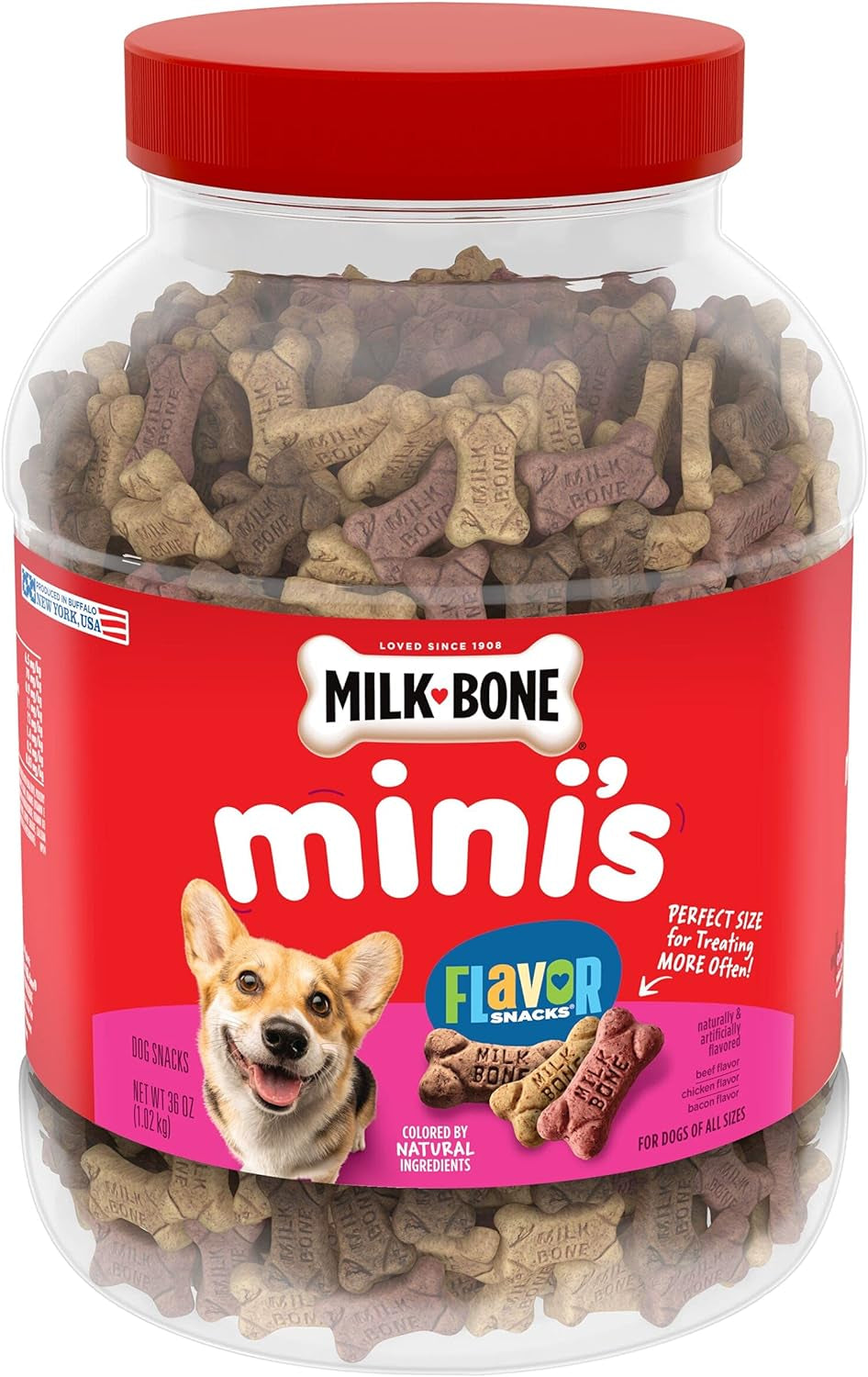 Flavor Snacks Mini’S Dog Biscuits, Flavored Crunchy Dog Treats, 36 Oz. Canister | 5 Calories per Treat, 15% Protein, 3 Flavors per Canister (Beef, Chicken & Bacon, Naturally & Artificially Flavored)