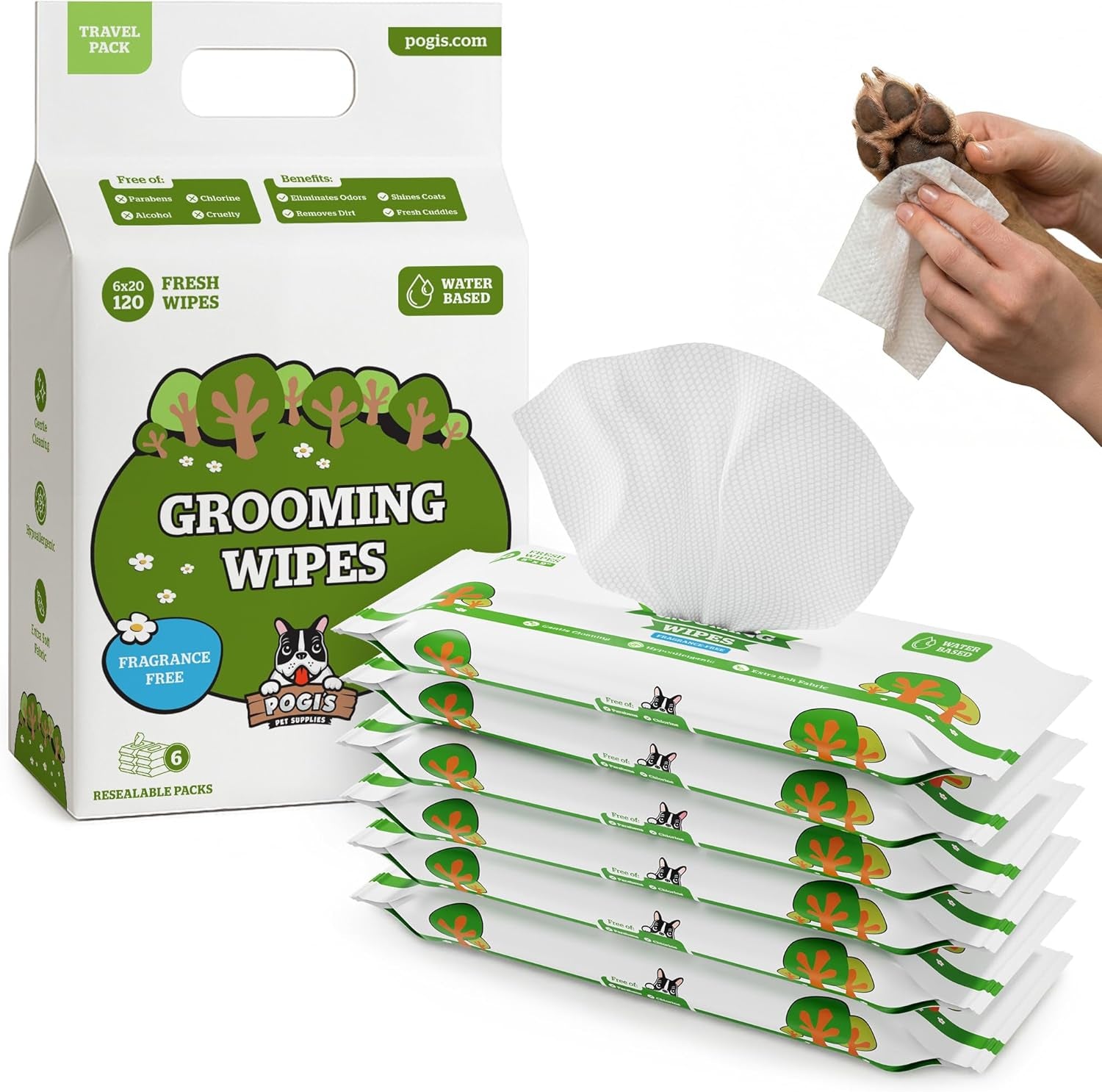 Pogi’S Dog Grooming Wipes – Hypoallergenic Pet Wipes for Paws, Body & Butt – Cleaning & Hydrating, Fragrance Free, 100 Count