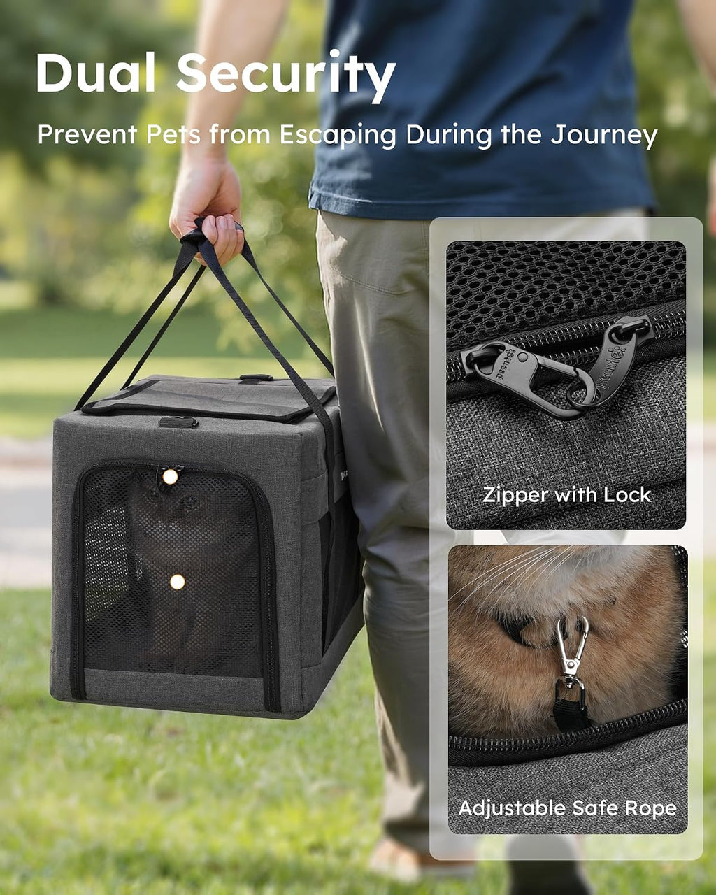 Cat Carrier, Portable Travel Dog Carrier with Stable Structure, Grey | Larger Space, 360° Ventilation & Comfort, Escape-Proof, for Travel / Car Trips / Vet Visits, Fits Cats up to 11 Lbs