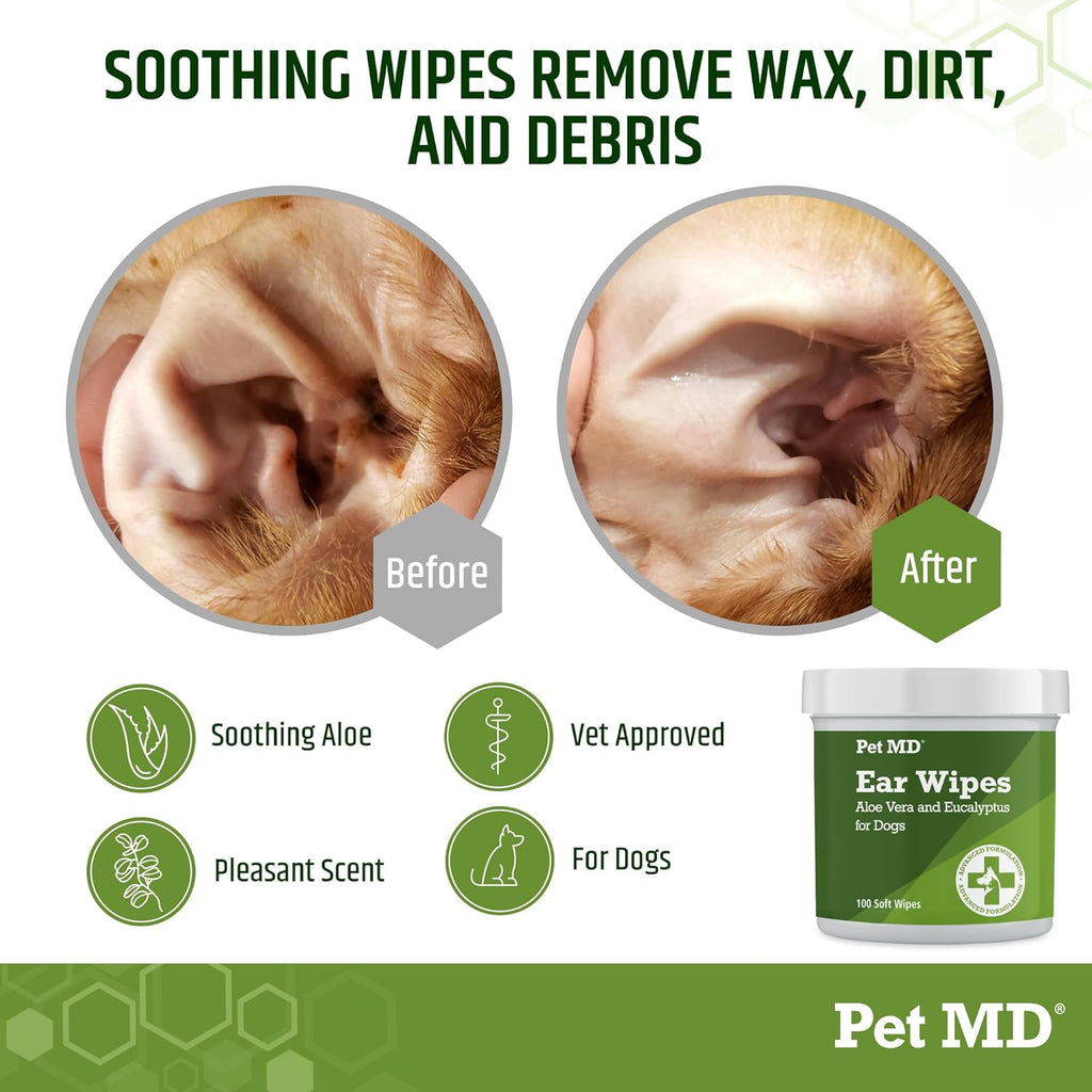 Dog Ear Cleaning Wipes – Otic Cleanser for Dogs - 100 Ct | Soothing Ear Care with Aloe Vera & Eucalyptus, Regular Wipes