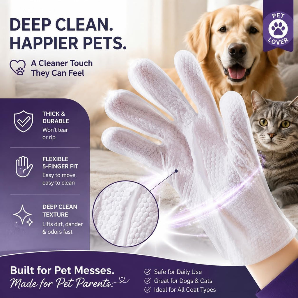 Pet Glove Wipes for Dogs & Cats, 30Pcs Deodorizing Cleaning Gloves with Coconut Oil, Vet Recommended Hypoallergenic Bathless Grooming Wipes for Paws, Body & Ears, No-Rinse