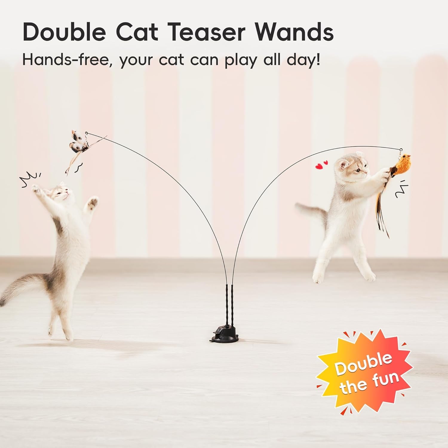 Suction Cup Cat Wand Toys, Dual-Wand Interactive Kitten Toy for Indoor Cats with 5 Pcs Feathers Balls Attachments, Charcoal Base