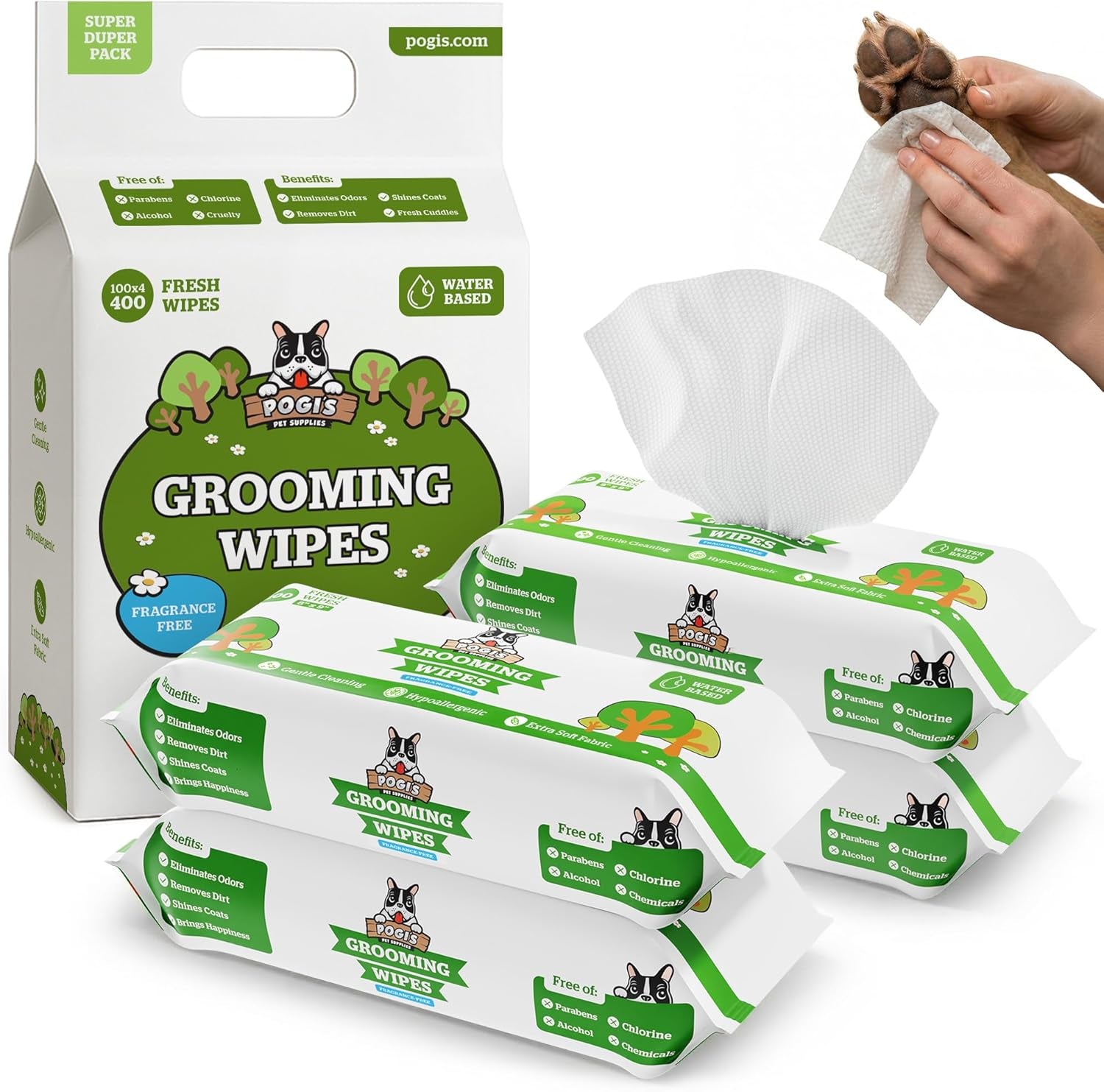 Pogi’S Dog Grooming Wipes – Hypoallergenic Pet Wipes for Paws, Body & Butt – Cleaning & Hydrating, Fragrance Free, 100 Count