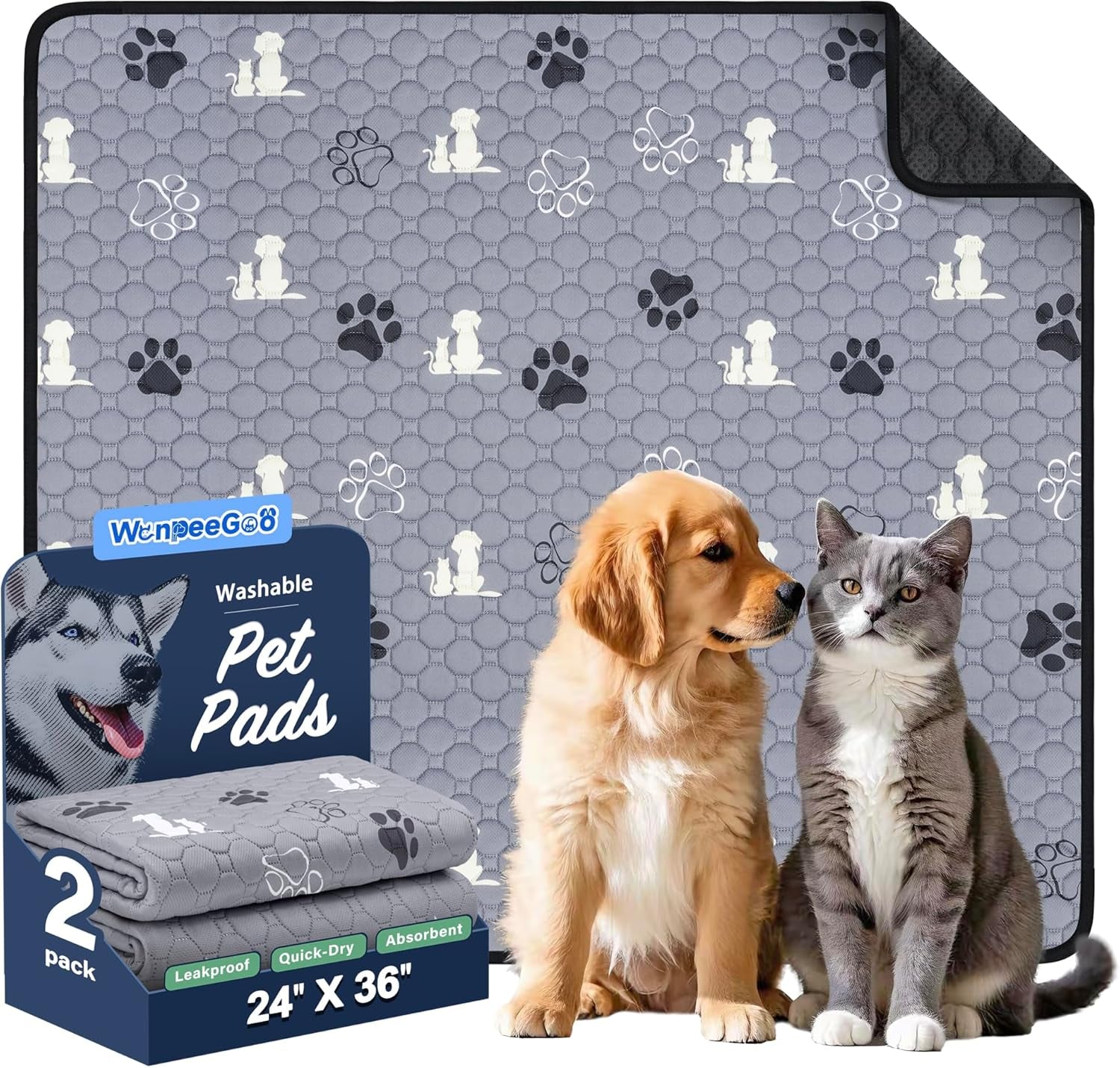 Washable Pee Pads for Dogs, Waterproof, 18 X 24 In, 4 Pack, Gray | Super Absorbent, Waterproof and Non-Slip; Washable, Reusable Dog Pads for Crates, Playpens, Floors, Furniture and Travel