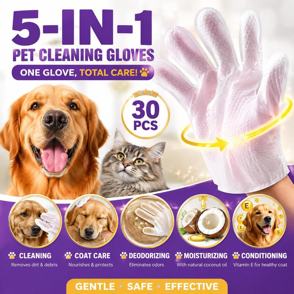 Pet Glove Wipes for Dogs & Cats, 30Pcs Deodorizing Cleaning Gloves with Coconut Oil, Vet Recommended Hypoallergenic Bathless Grooming Wipes for Paws, Body & Ears, No-Rinse