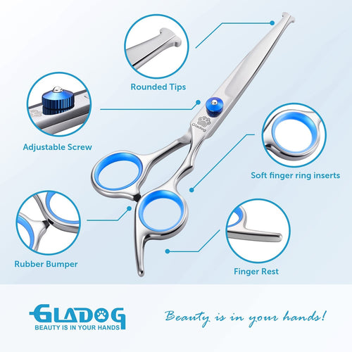 Professional 5 in 1 Dog Grooming Scissors Set with Safety round Tips, Sharp and Heavy-Duty Pet Grooming Shears for Cats