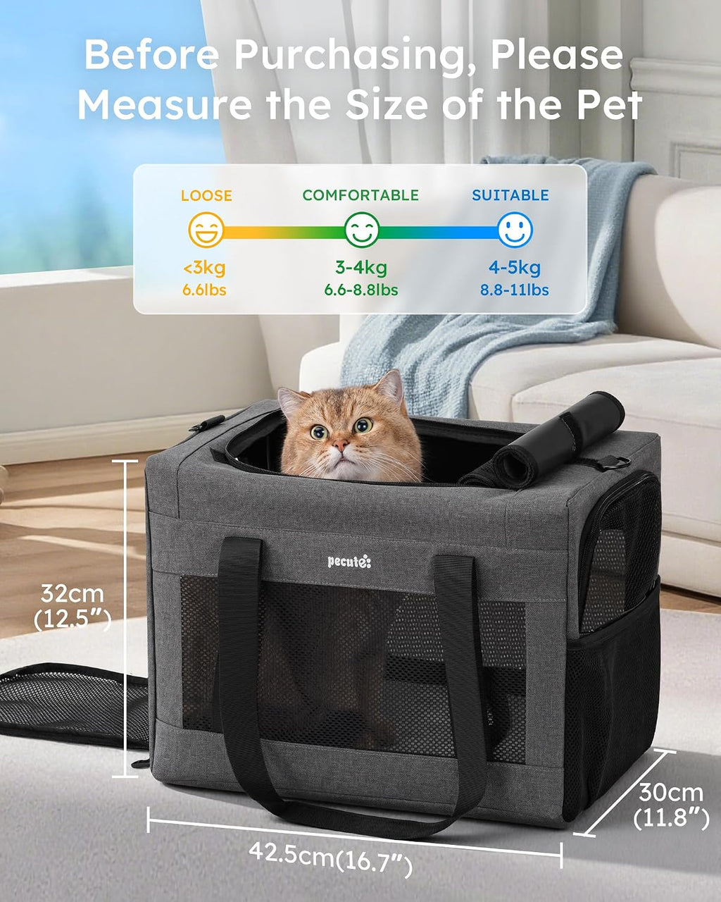 Cat Carrier, Portable Travel Dog Carrier with Stable Structure, Grey | Larger Space, 360° Ventilation & Comfort, Escape-Proof, for Travel / Car Trips / Vet Visits, Fits Cats up to 11 Lbs