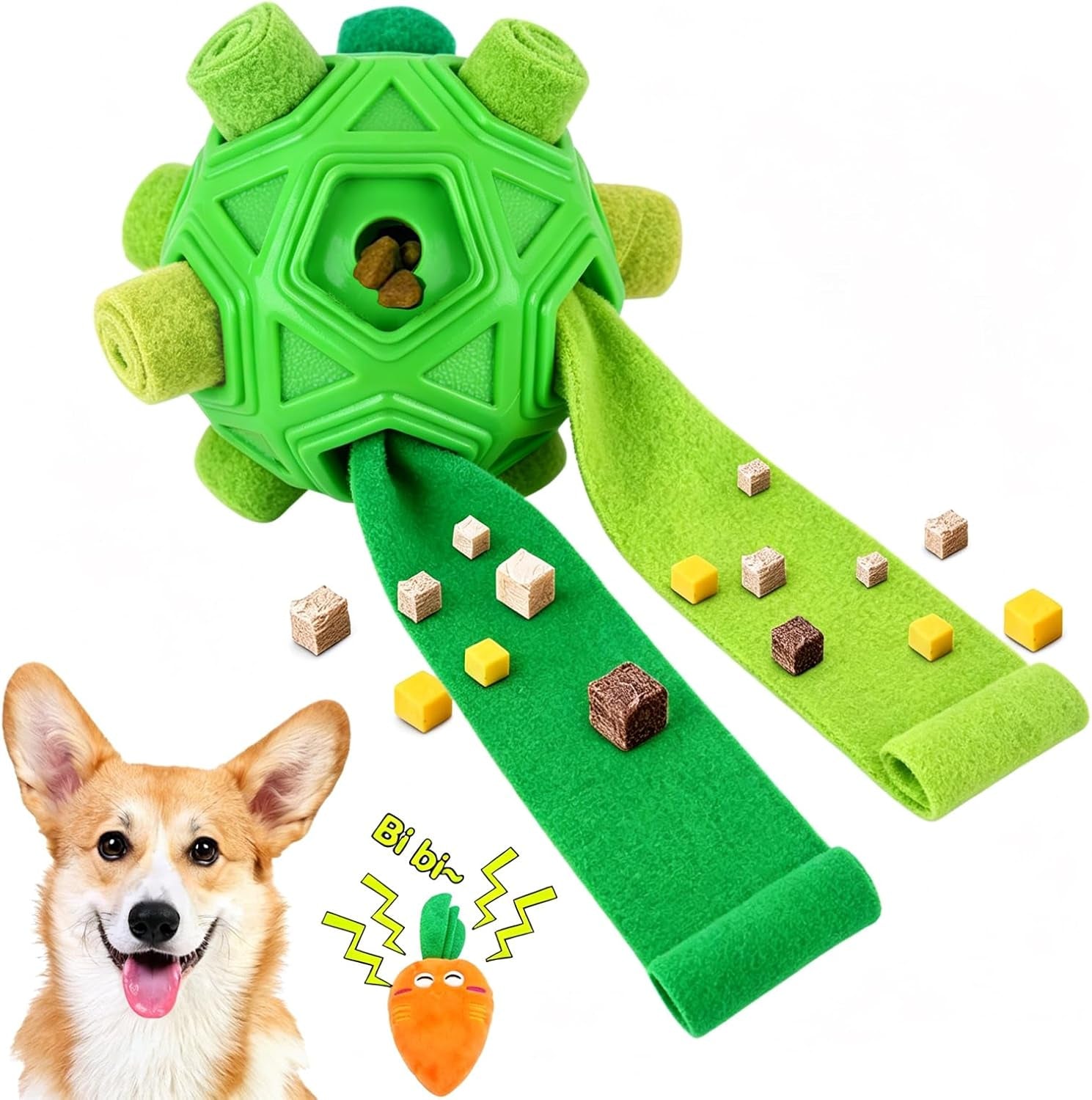 Dog Snuffle Ball-Interactive Puzzle Dog Toys Encourage Natural Foraging Skills Slow Feeder for Training and Stress Relief, Cloth Strip Hiding Food Dog Toys with Squeaky Carrot Toy for Any Size