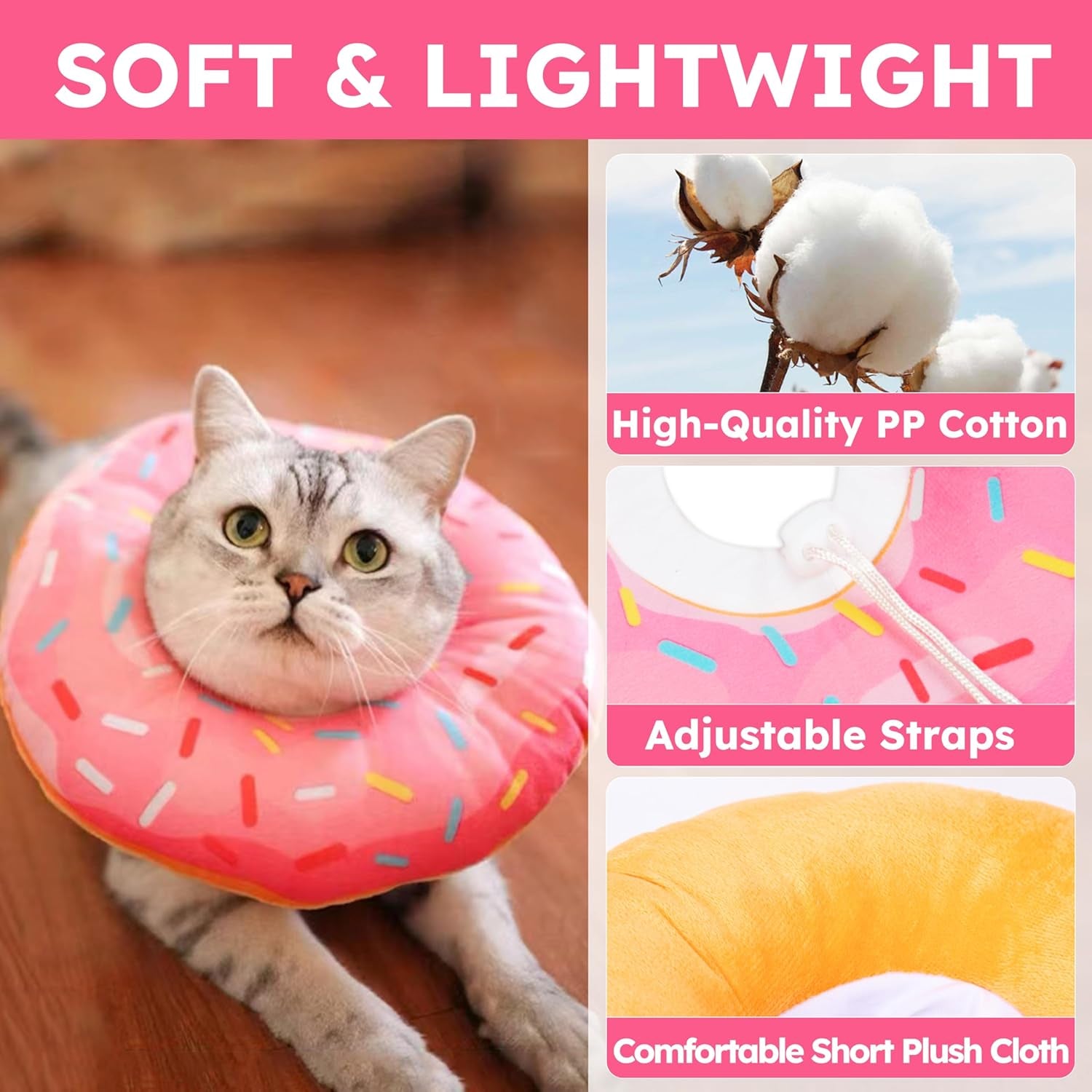 Cat Cone Collar Soft, Cat Recovery Collar for Wound Healing Cute Donut Adjustable Kitten Cones to Stop Licking Comfortable Lightweight Neck Elizabethan Collars for Kittens after Surgery