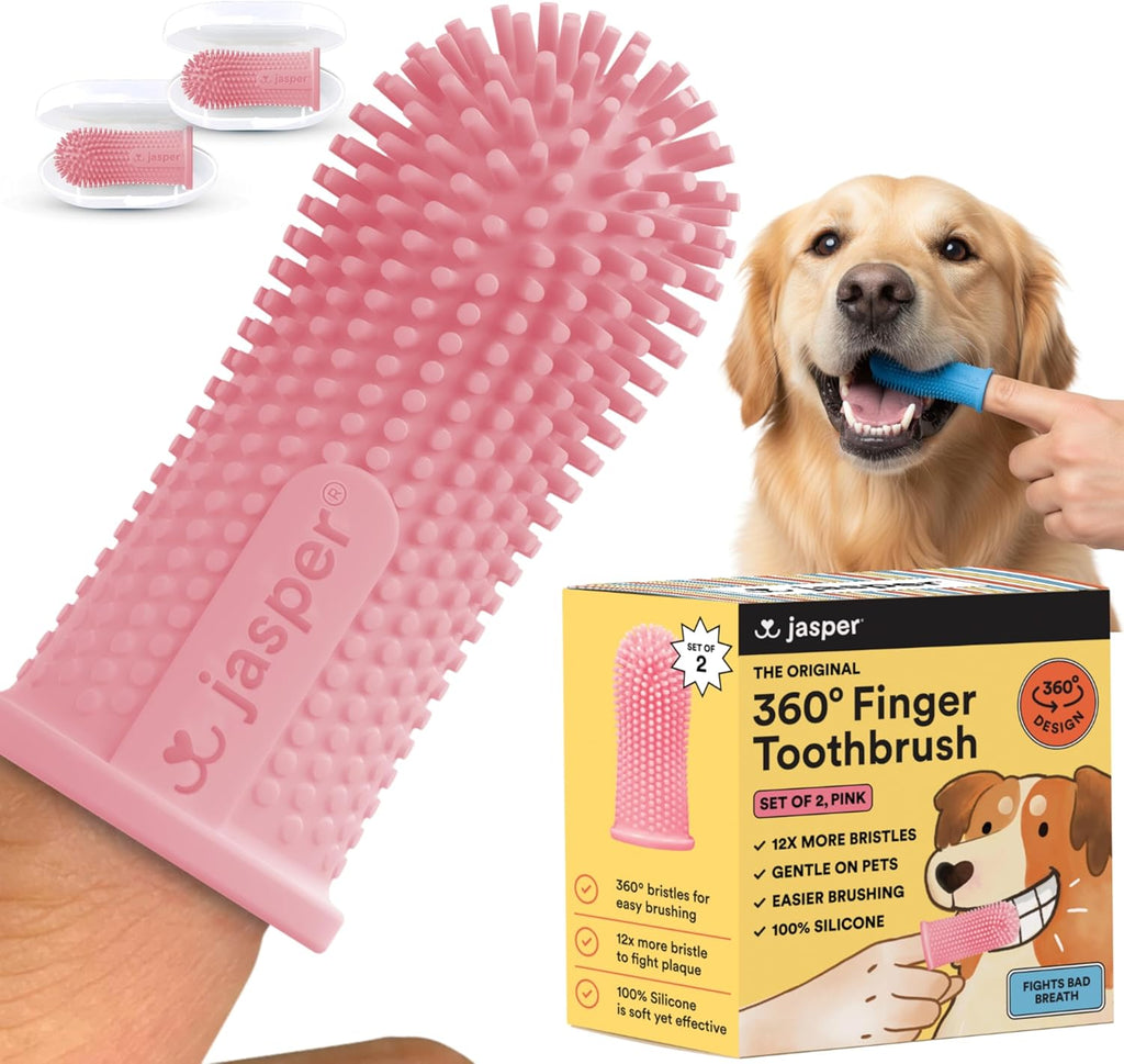 Dog Toothbrush, 360 Degree Pet Tooth Brushing Kit, Cat Toothbrush, Canine Dental Care & Teeth Cleaning Kit, Pet Finger Tooth Brush, Use with Dog Toothpaste, 2-Pack Pink