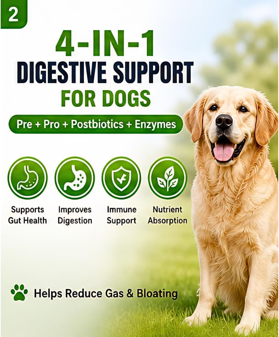 4-In-1 Digestive Pet Chews for Dogs, 6.3 Oz (60 Soft Chews), Natural Beef Flavor – Supports Gut Health with Prebiotic, Probiotic, Postbiotic & Digestive Enzymes