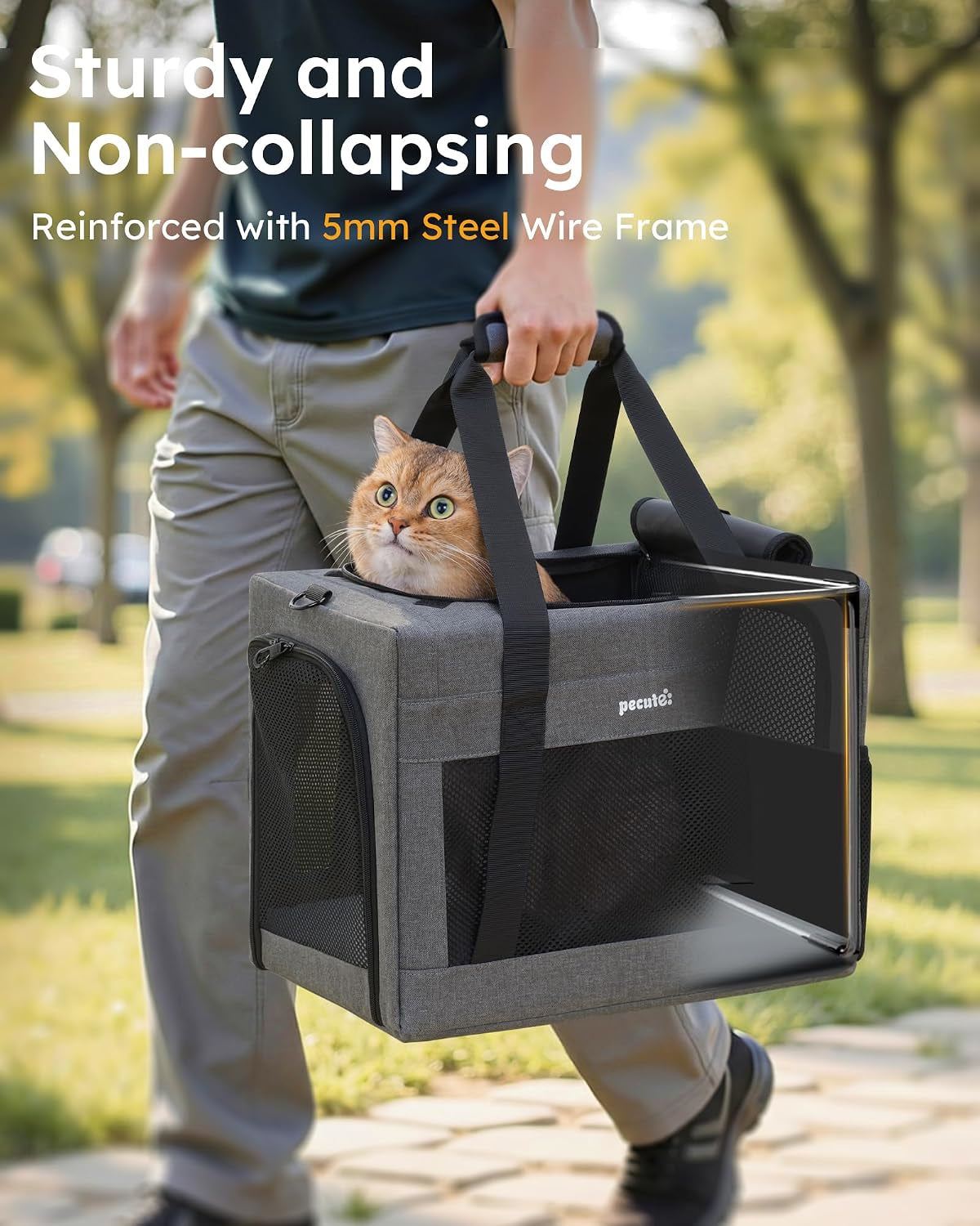 Cat Carrier, Portable Travel Dog Carrier with Stable Structure, Grey | Larger Space, 360° Ventilation & Comfort, Escape-Proof, for Travel / Car Trips / Vet Visits, Fits Cats up to 11 Lbs