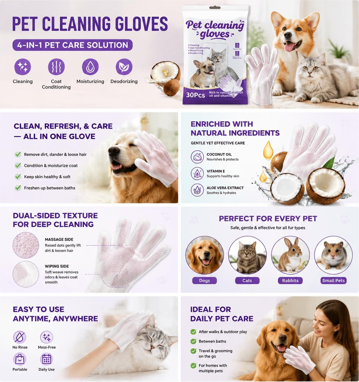 Pet Glove Wipes for Dogs & Cats, 30Pcs Deodorizing Cleaning Gloves with Coconut Oil, Vet Recommended Hypoallergenic Bathless Grooming Wipes for Paws, Body & Ears, No-Rinse