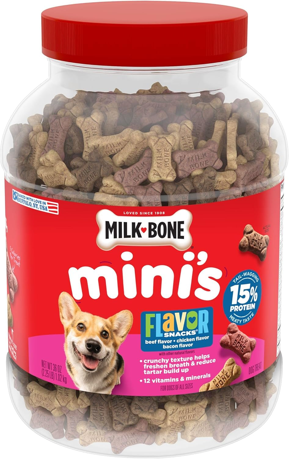 Flavor Snacks Mini’S Dog Biscuits, Flavored Crunchy Dog Treats, 36 Oz. Canister | 5 Calories per Treat, 15% Protein, 3 Flavors per Canister (Beef, Chicken & Bacon, Naturally & Artificially Flavored)