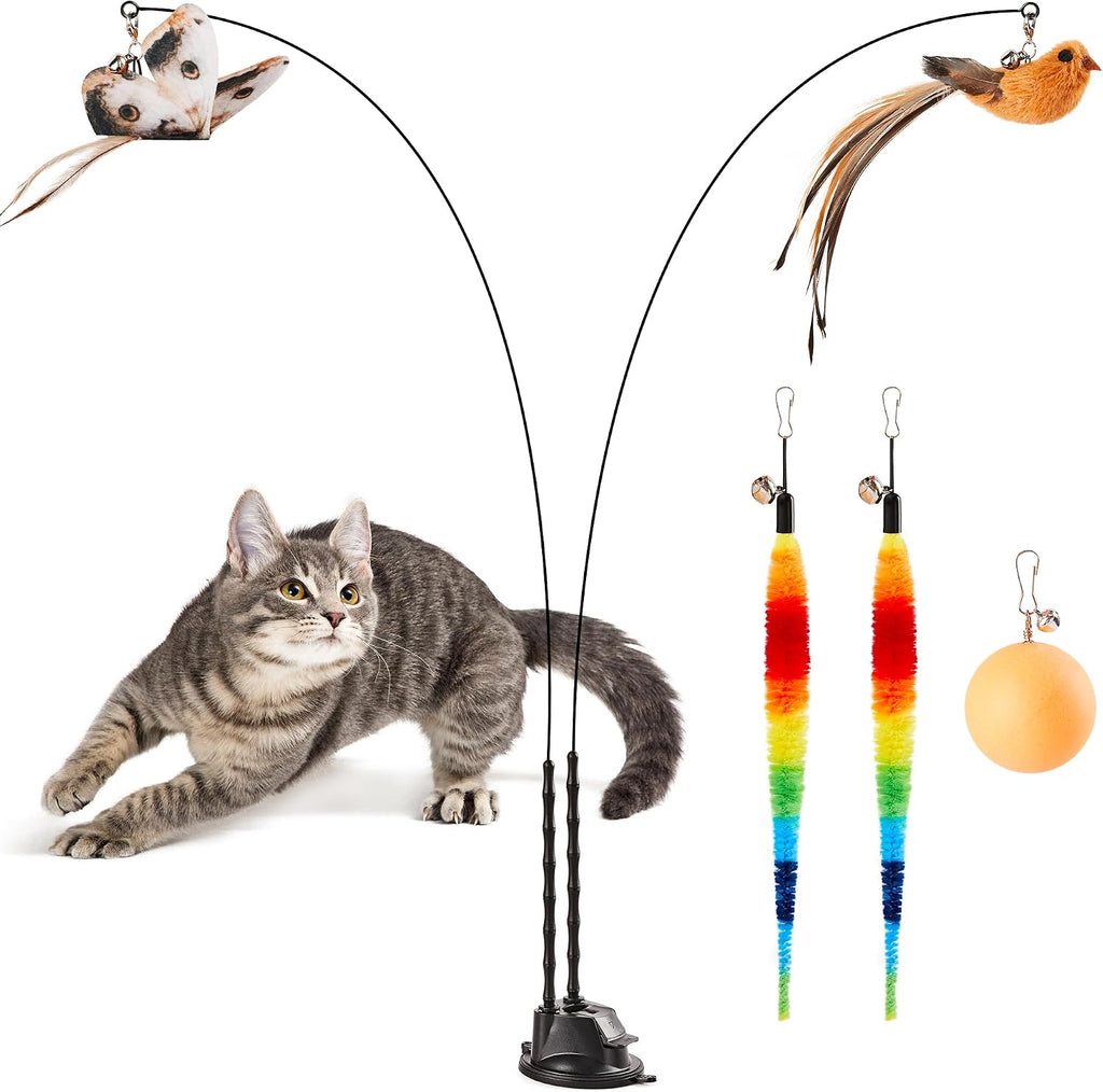 Suction Cup Cat Wand Toys, Dual-Wand Interactive Kitten Toy for Indoor Cats with 5 Pcs Feathers Balls Attachments, Charcoal Base