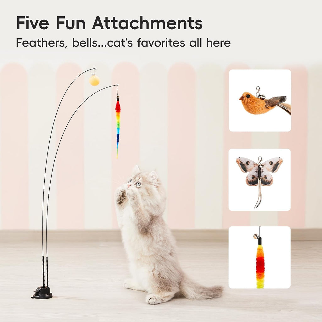 Suction Cup Cat Wand Toys, Dual-Wand Interactive Kitten Toy for Indoor Cats with 5 Pcs Feathers Balls Attachments, Charcoal Base