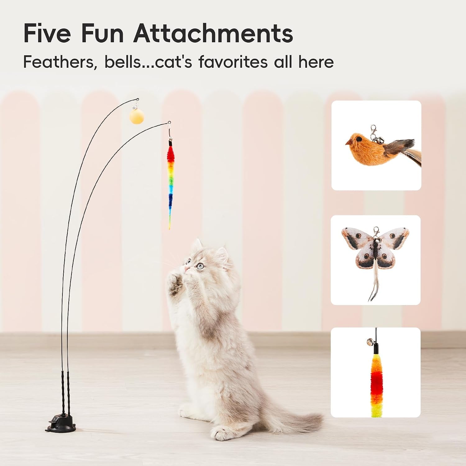 Suction Cup Cat Wand Toys, Dual-Wand Interactive Kitten Toy for Indoor Cats with 5 Pcs Feathers Balls Attachments, Charcoal Base