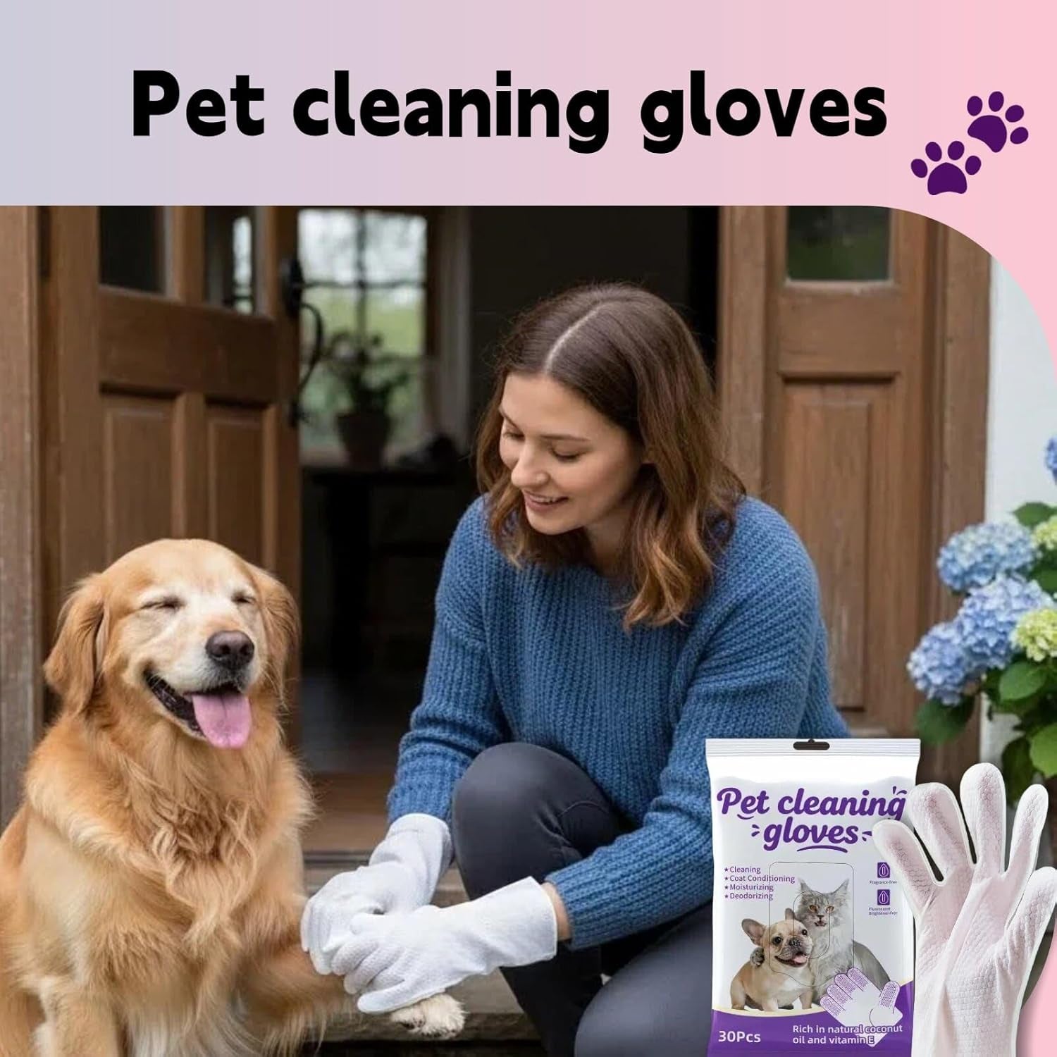 Pet Glove Wipes for Dogs & Cats, 30Pcs Deodorizing Cleaning Gloves with Coconut Oil, Vet Recommended Hypoallergenic Bathless Grooming Wipes for Paws, Body & Ears, No-Rinse