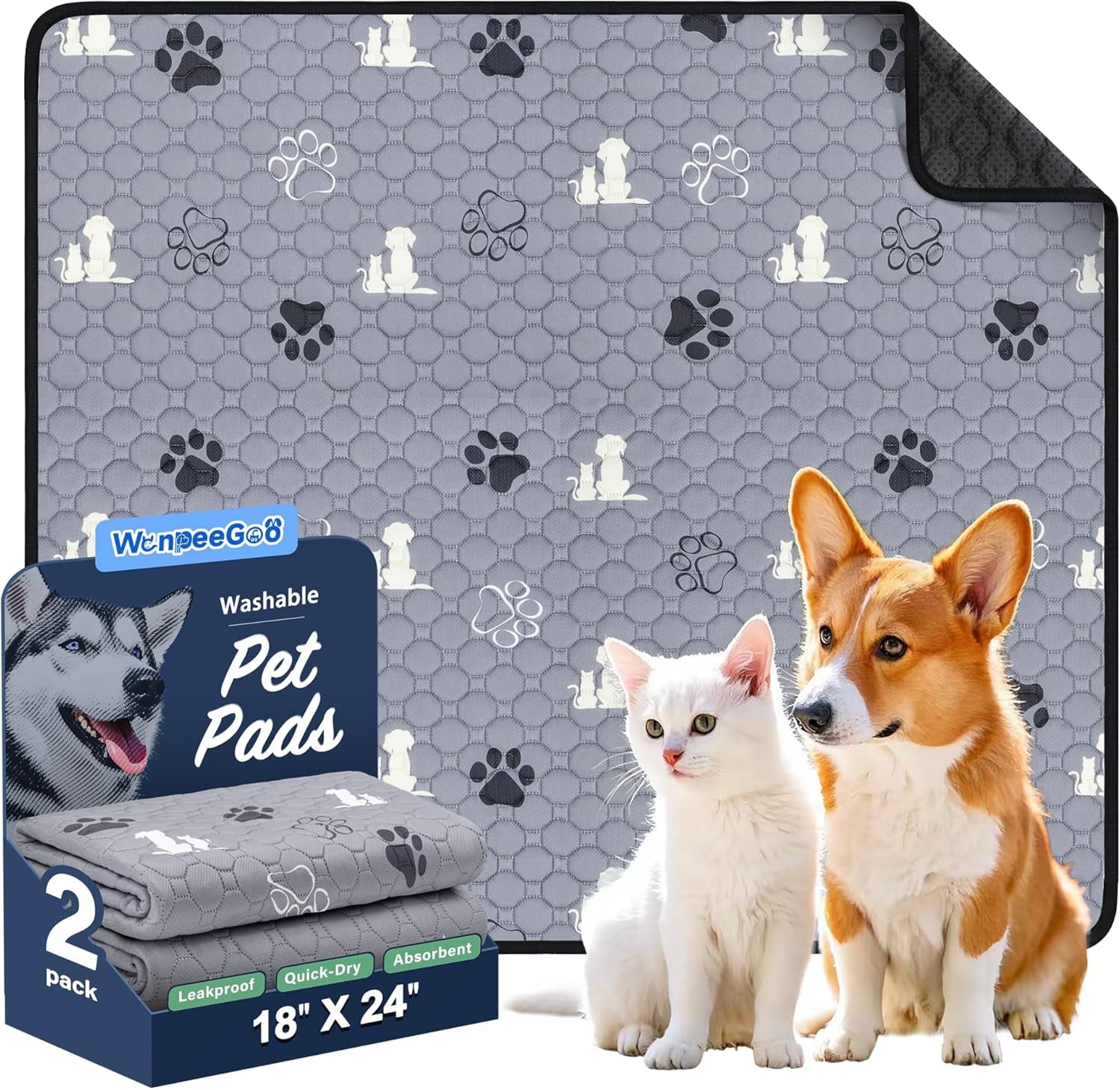 Washable Pee Pads for Dogs, Waterproof, 18 X 24 In, 4 Pack, Gray | Super Absorbent, Waterproof and Non-Slip; Washable, Reusable Dog Pads for Crates, Playpens, Floors, Furniture and Travel
