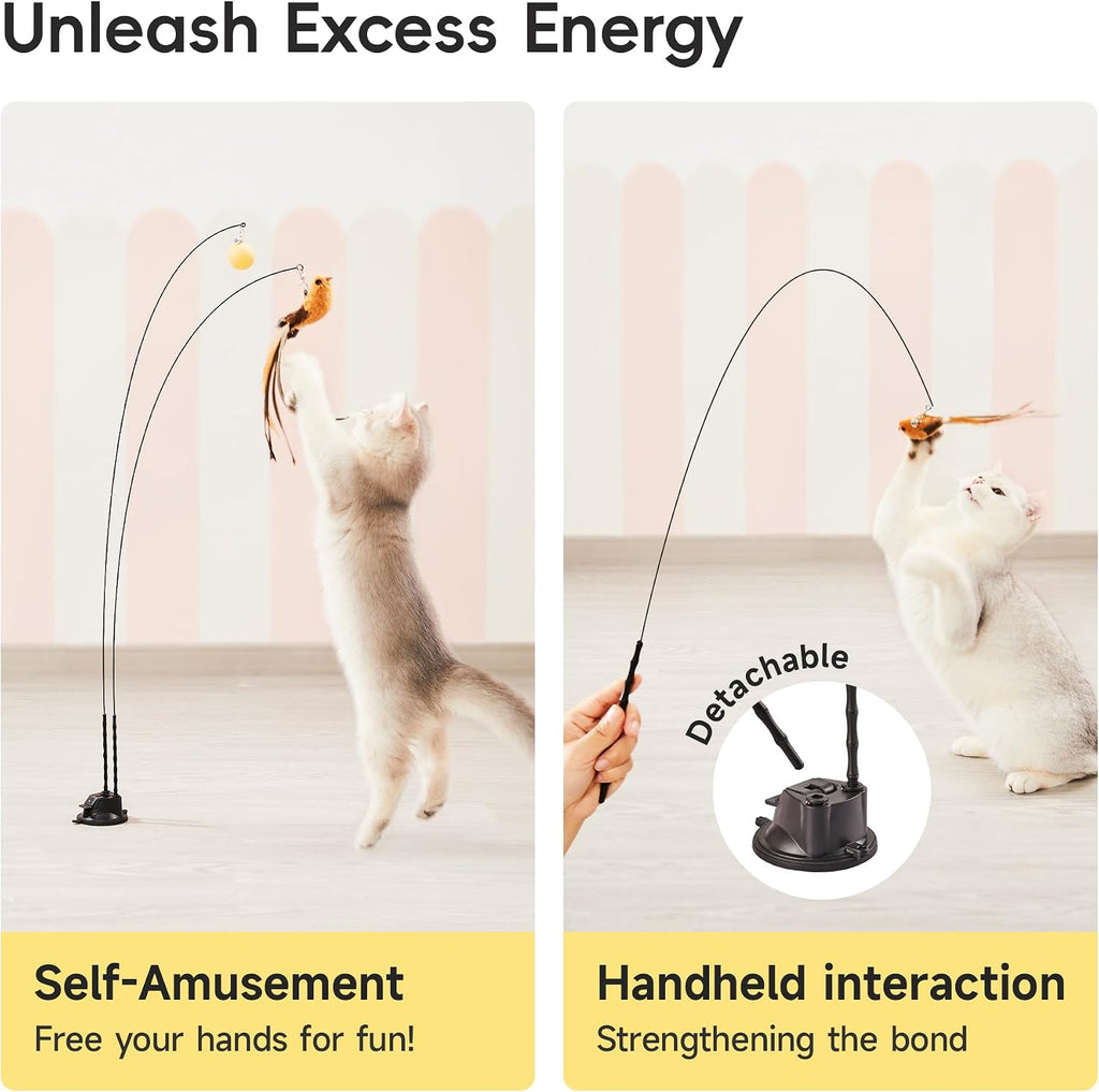 Suction Cup Cat Wand Toys, Dual-Wand Interactive Kitten Toy for Indoor Cats with 5 Pcs Feathers Balls Attachments, Charcoal Base
