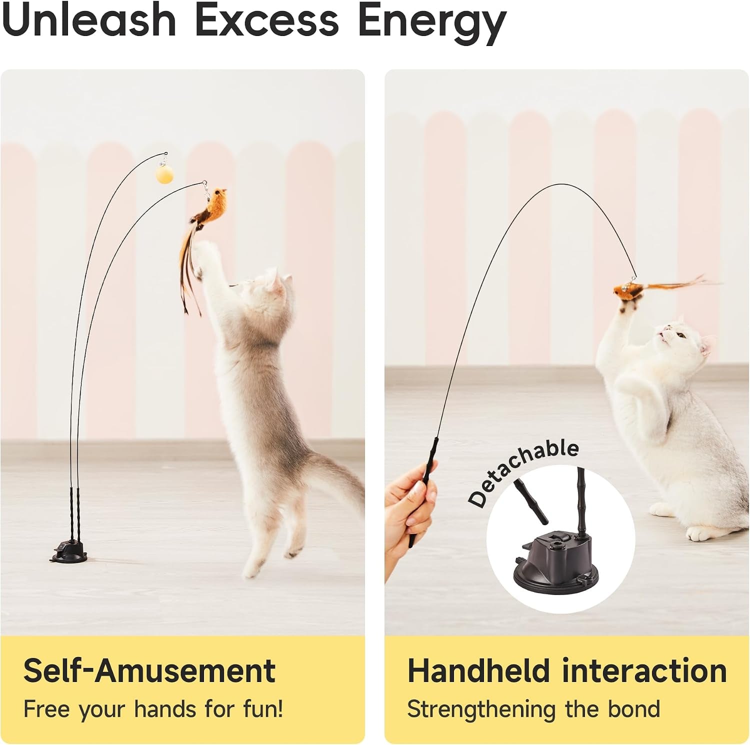 Suction Cup Cat Wand Toys, Dual-Wand Interactive Kitten Toy for Indoor Cats with 5 Pcs Feathers Balls Attachments, Charcoal Base