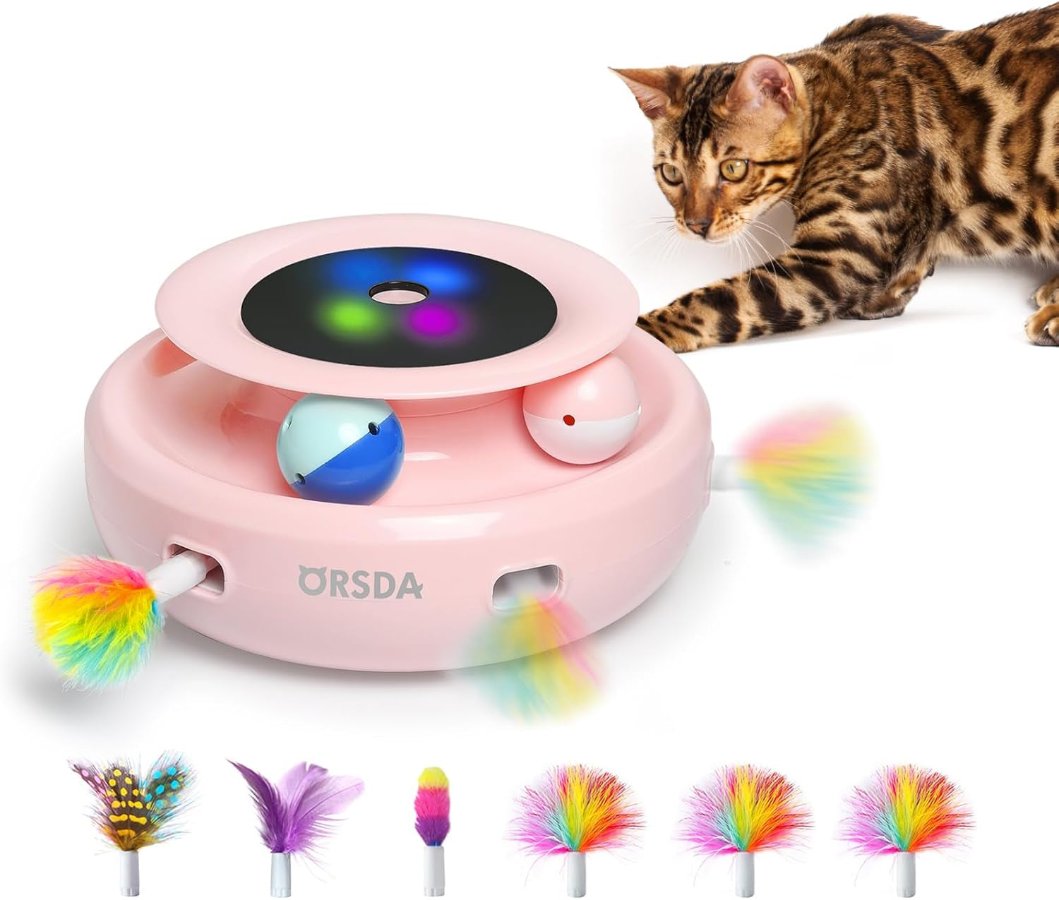 Cat Toys 2-In-1 Interactive Cat Toys for Indoor Cats, Automatic Cat Toy Balls, Mice Toys Ambush Feather Kitten Toys with 7Pcs Attachments, Dual Power Supplies, Adjustable Speed, Auto On/Off