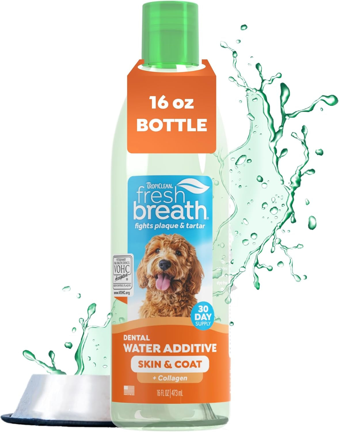Fresh Breath Water Additive for Dogs, Dog Breath Freshener and Teeth Cleaning Solution, No Toothpaste or Toothbrush Required, 16Oz.