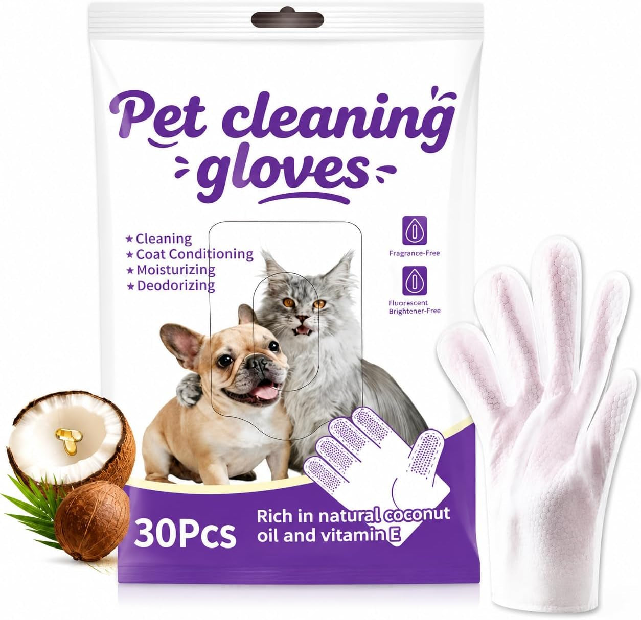 Pet Glove Wipes for Dogs & Cats, 30Pcs Deodorizing Cleaning Gloves with Coconut Oil, Vet Recommended Hypoallergenic Bathless Grooming Wipes for Paws, Body & Ears, No-Rinse