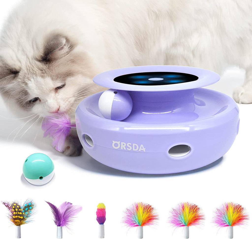 Cat Toys 2-In-1 Interactive Cat Toys for Indoor Cats, Automatic Cat Toy Balls, Mice Toys Ambush Feather Kitten Toys with 7Pcs Attachments, Dual Power Supplies, Adjustable Speed, Auto On/Off