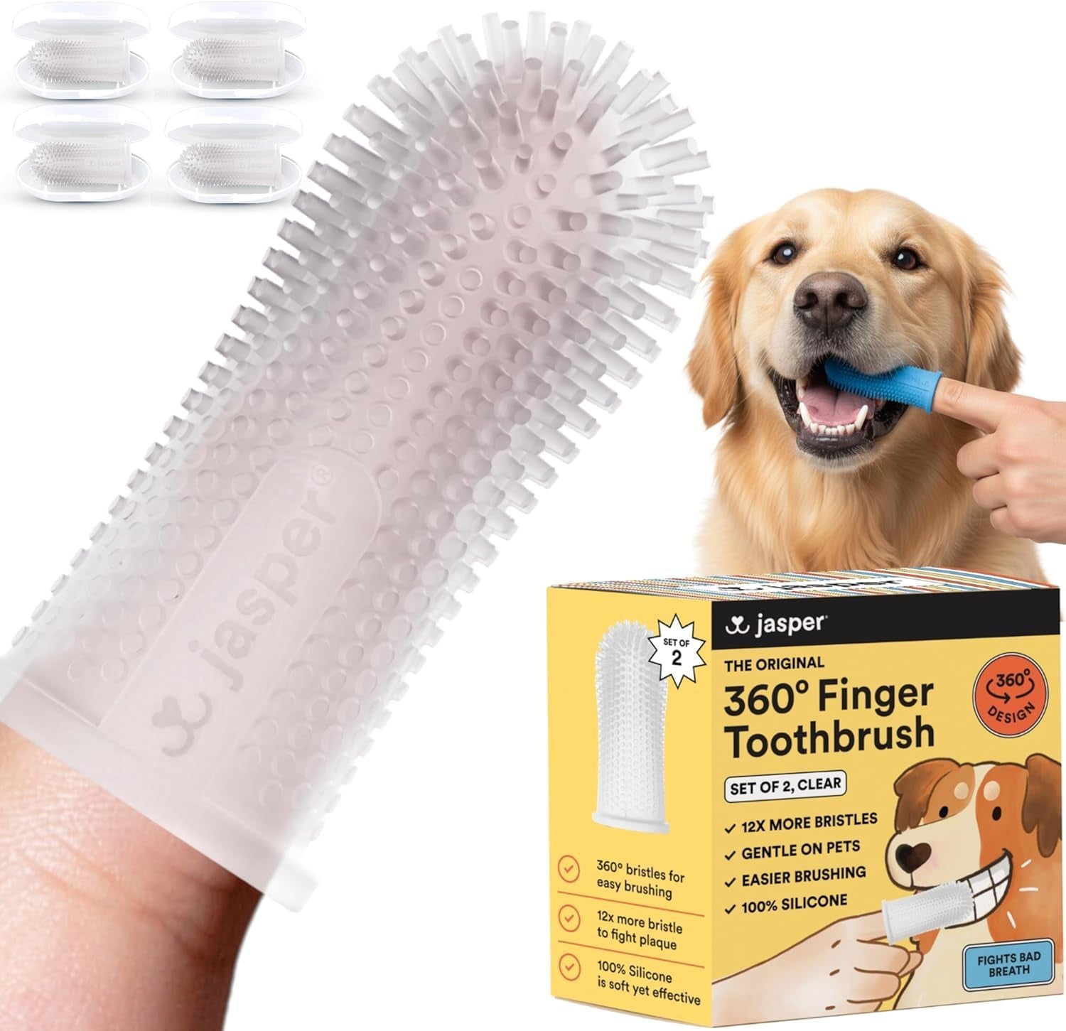 Dog Toothbrush, 360 Degree Pet Tooth Brushing Kit, Cat Toothbrush, Canine Dental Care & Teeth Cleaning Kit, Pet Finger Tooth Brush, Use with Dog Toothpaste, 2-Pack Pink