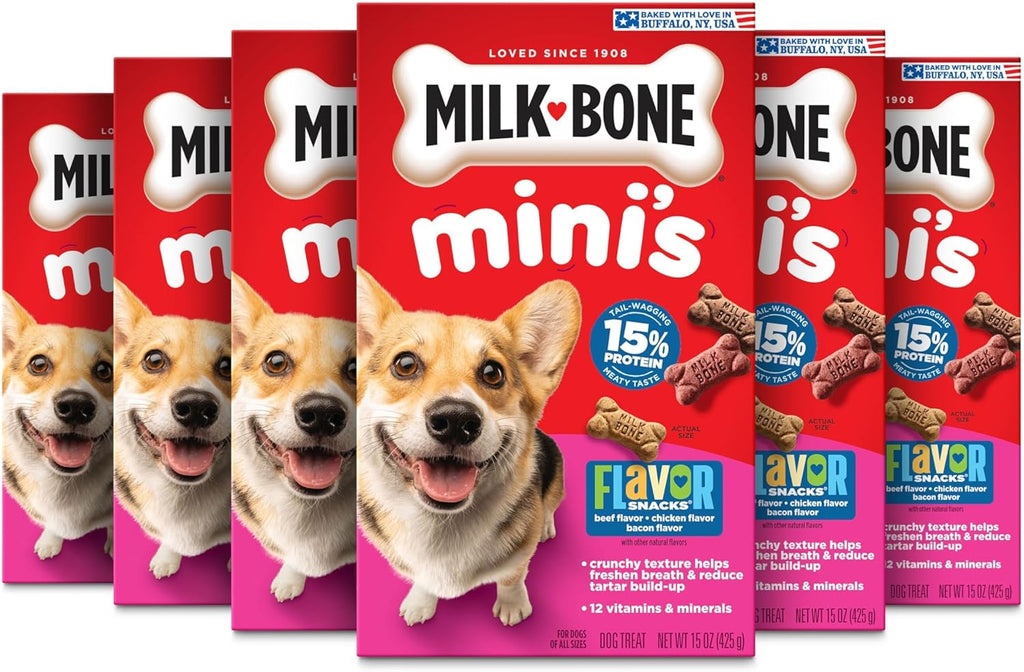 Flavor Snacks Mini’S Dog Biscuits, Flavored Crunchy Dog Treats, 36 Oz. Canister | 5 Calories per Treat, 15% Protein, 3 Flavors per Canister (Beef, Chicken & Bacon, Naturally & Artificially Flavored)