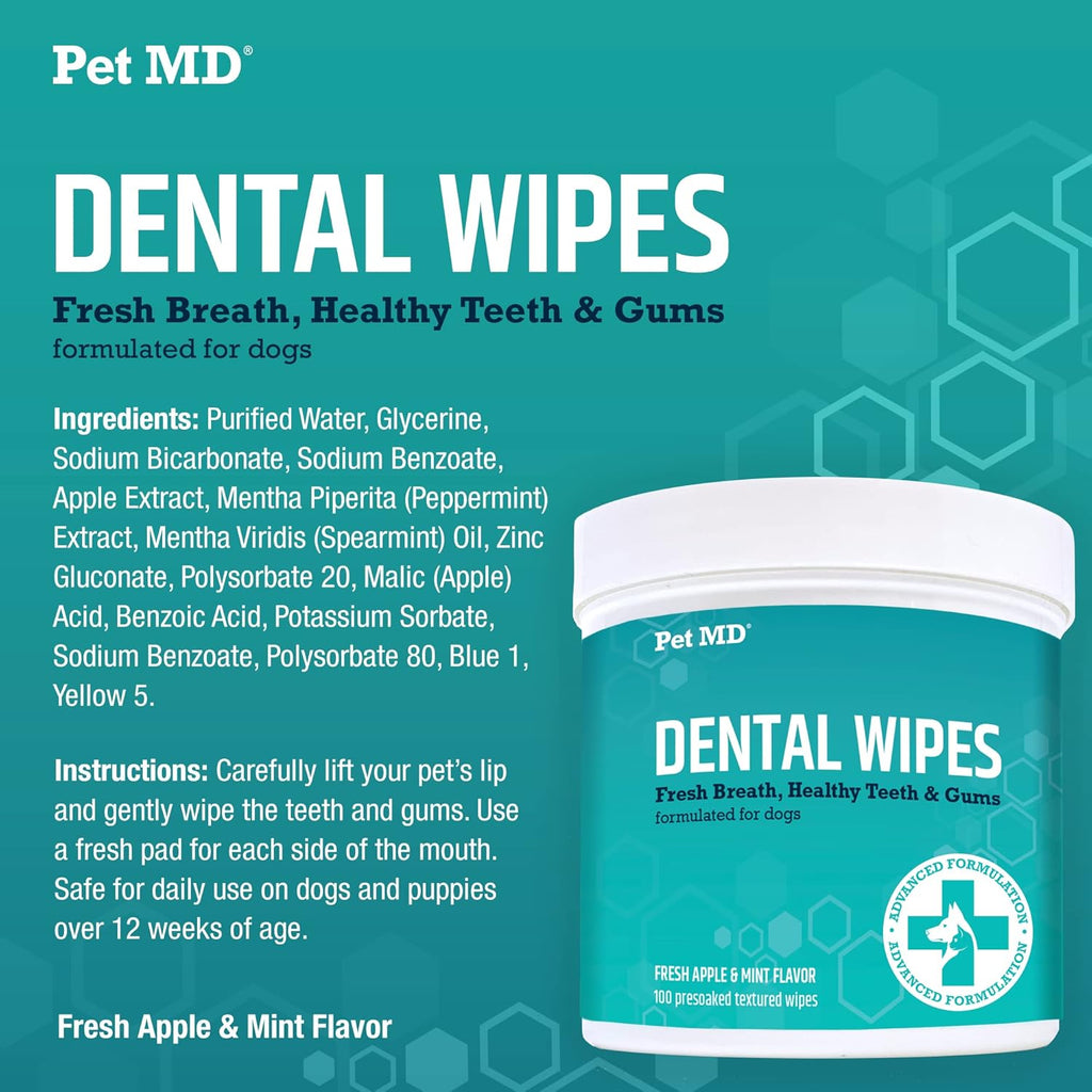 Dental Wipes for Dogs Teeth - Fresh Apple & Mint Flavor - 100Ct | Dog Teeth Cleaning Wipes to Remove Plaque and Tartar - Promotes Healthy Gums & Fresh Breath for Overall Oral Hygiene