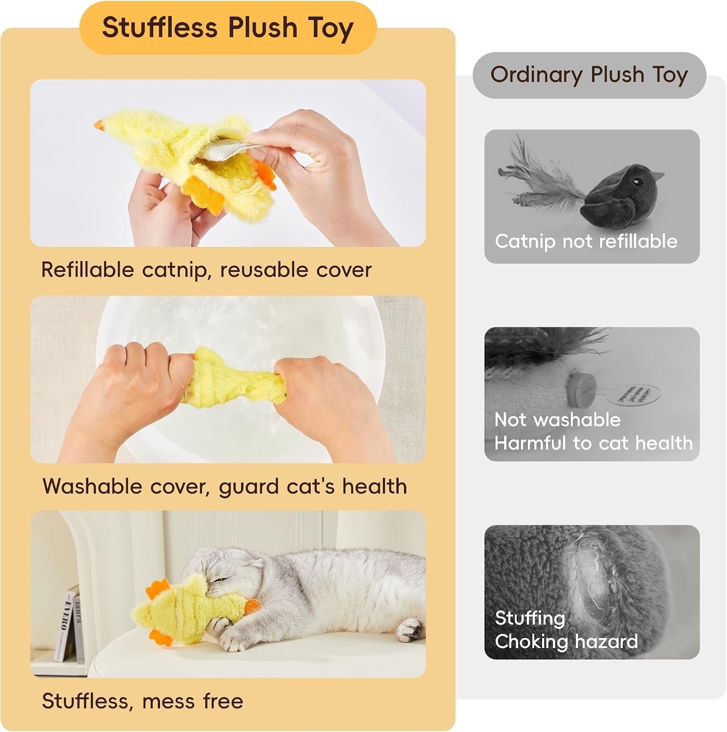 Cat Toys Catnip Crinkly Sound 2 Pcs, Mess-Free Stuffless Kitten Toy, Durable Feline Bite Interactive Kicker Toys for Cat Indoor Exercise 6.5 Inches