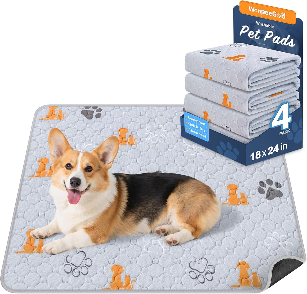 Washable Pee Pads for Dogs, Waterproof, 18 X 24 In, 4 Pack, Gray | Super Absorbent, Waterproof and Non-Slip; Washable, Reusable Dog Pads for Crates, Playpens, Floors, Furniture and Travel