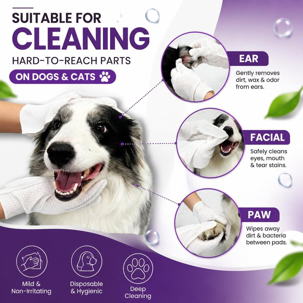 Pet Glove Wipes for Dogs & Cats, 30Pcs Deodorizing Cleaning Gloves with Coconut Oil, Vet Recommended Hypoallergenic Bathless Grooming Wipes for Paws, Body & Ears, No-Rinse