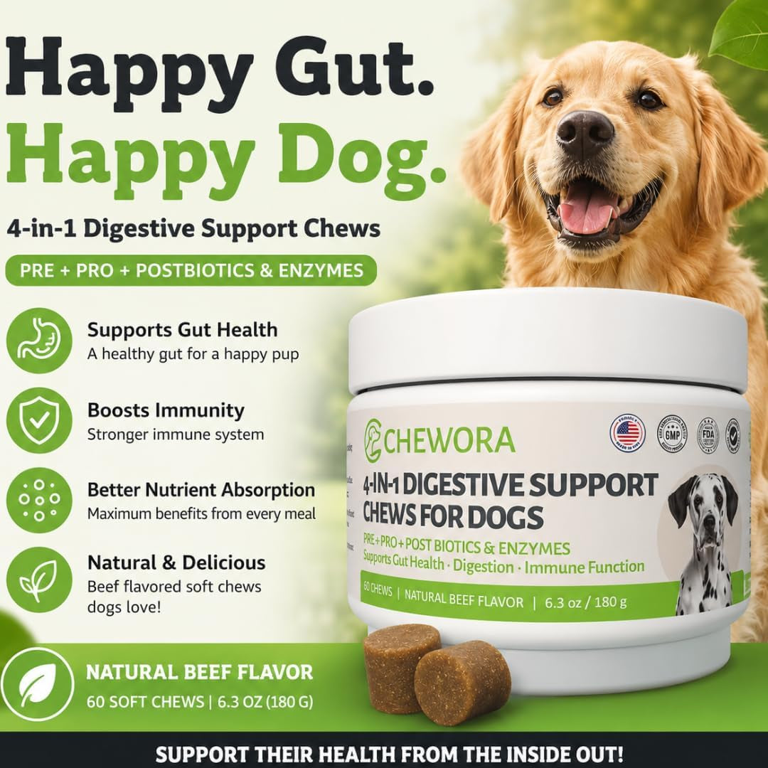 4-In-1 Digestive Pet Chews for Dogs, 6.3 Oz (60 Soft Chews), Natural Beef Flavor – Supports Gut Health with Prebiotic, Probiotic, Postbiotic & Digestive Enzymes