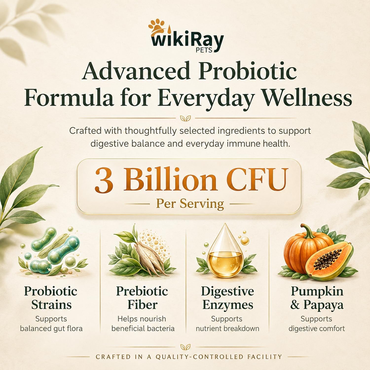 Wikiray Probiotics for Dogs – Soft Chews for Digestive Health & Immunity | 120 Chews | 3 Billion CFU, Pumpkin, Enzymes, Vitamins & Prebiotics | Made with Natural Ingredients